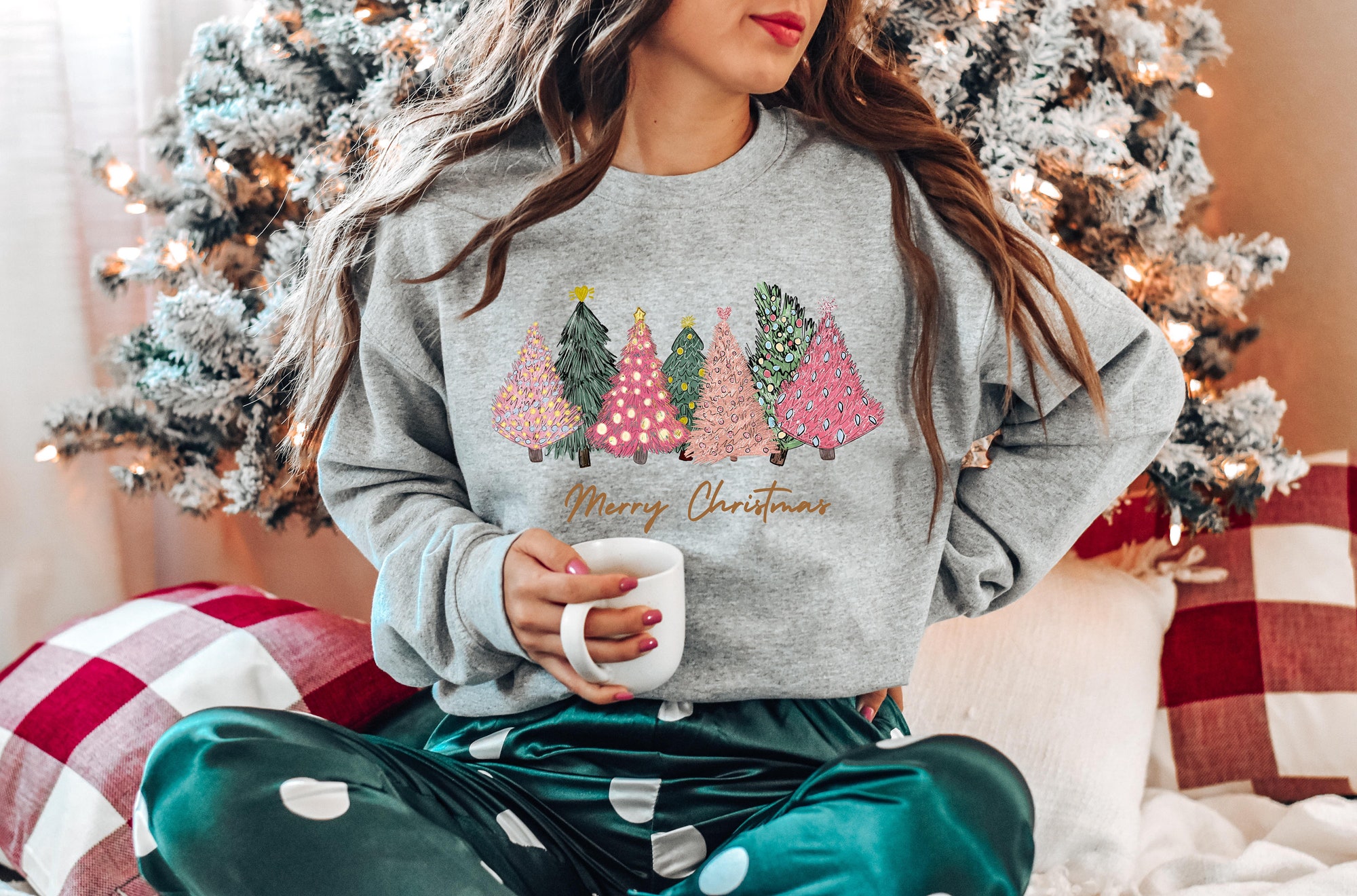 Pink Tree Christmas Sweater Crewneck Holiday Winter Sweatshirts for Women image 1