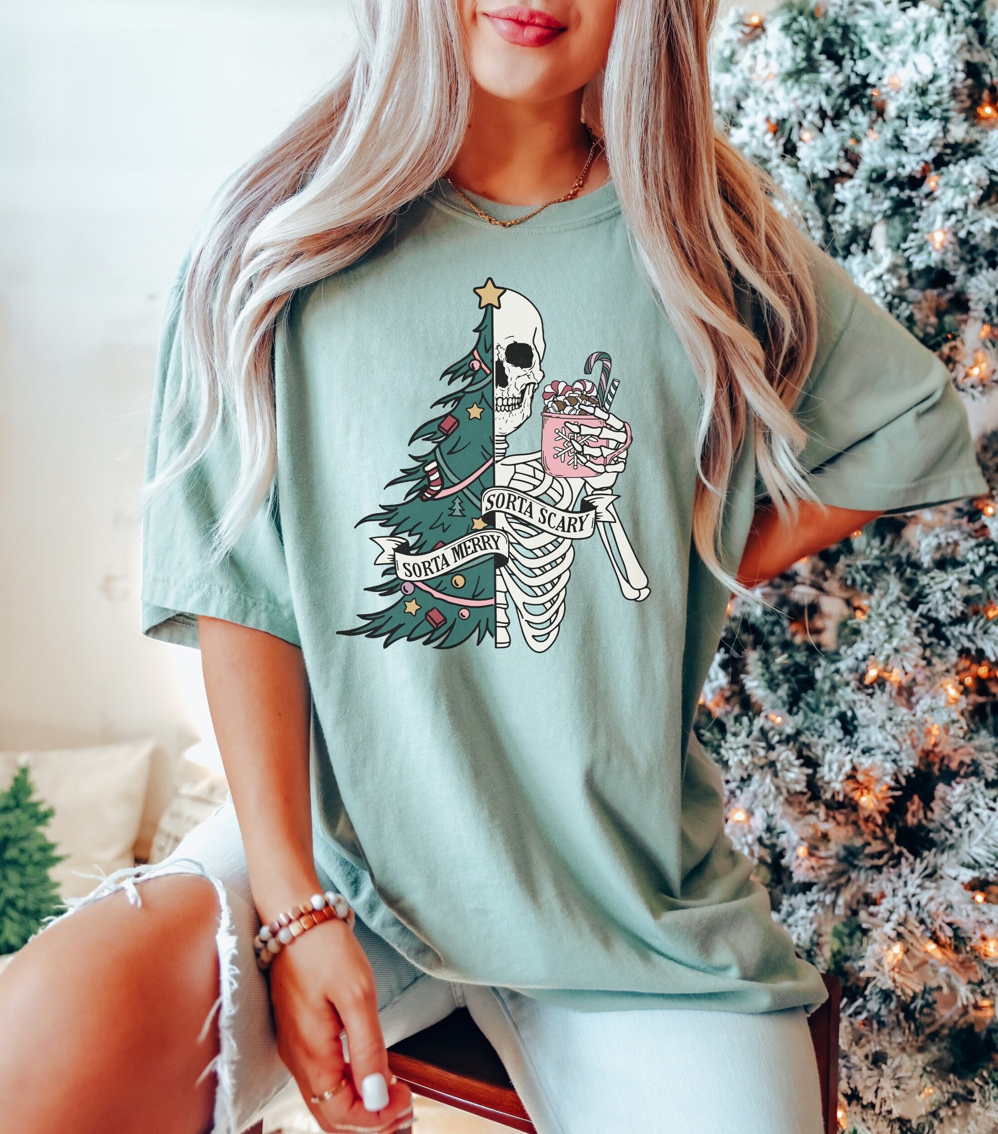 Sorta Merry Sorta Scary Skeleton Christmas Shirt Funny Gift image 2