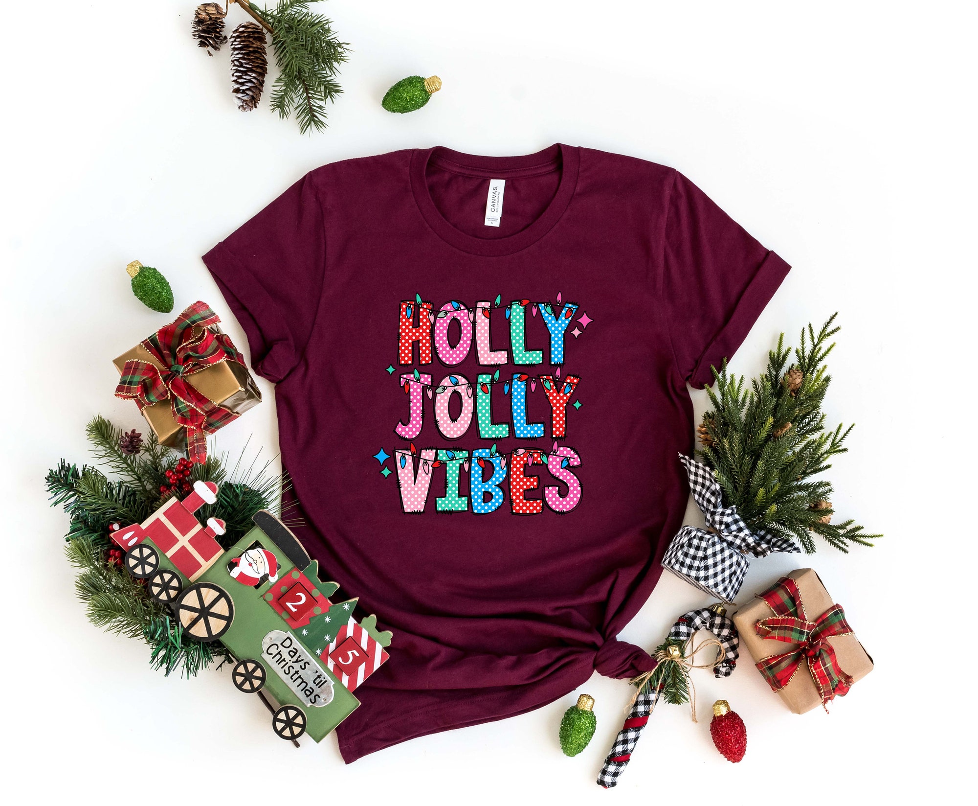 Holly Jolly Vibes Sweatshirt Retro Boho Christmas Tee Holiday Gift image 4