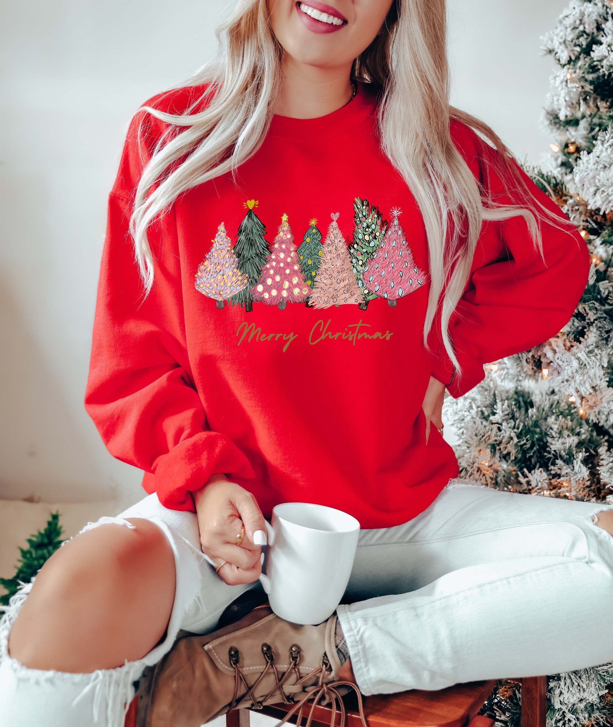 Pink Tree Christmas Sweater Crewneck Holiday Winter Sweatshirts for Women image 4