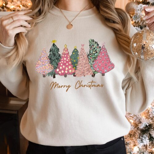 Pink Tree Christmas Sweater Crewneck Holiday Winter Sweatshirts for Women image 0