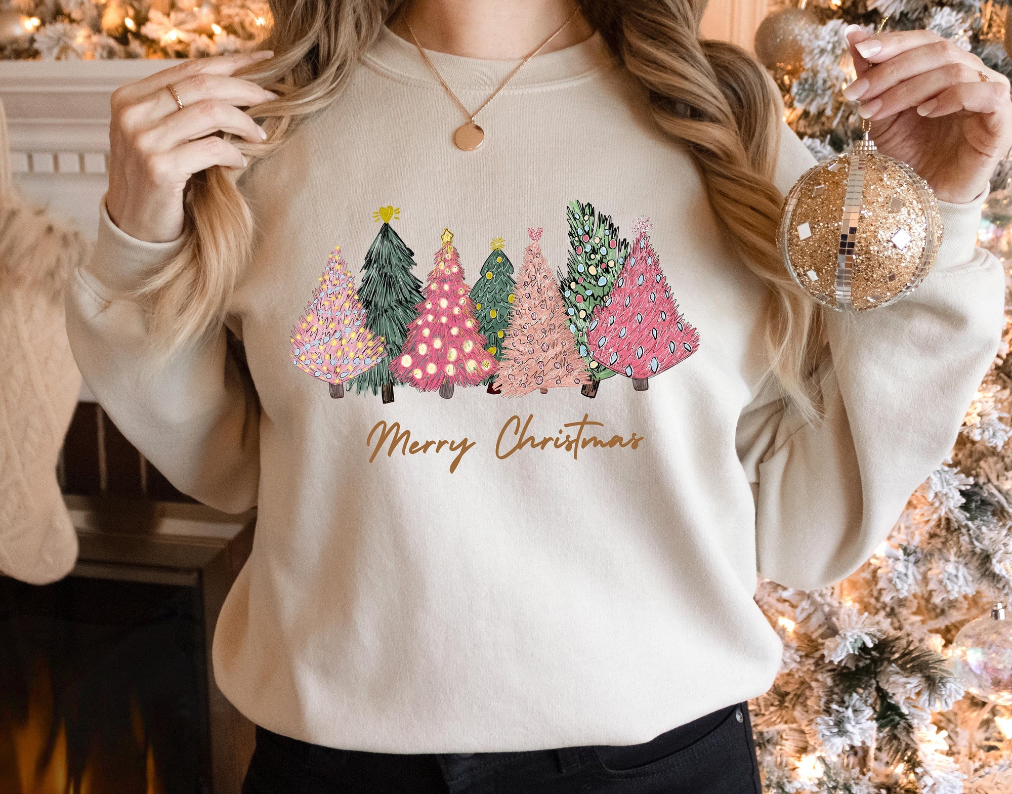 Pink Tree Christmas Sweater Crewneck Holiday Winter Sweatshirts for Women image 0