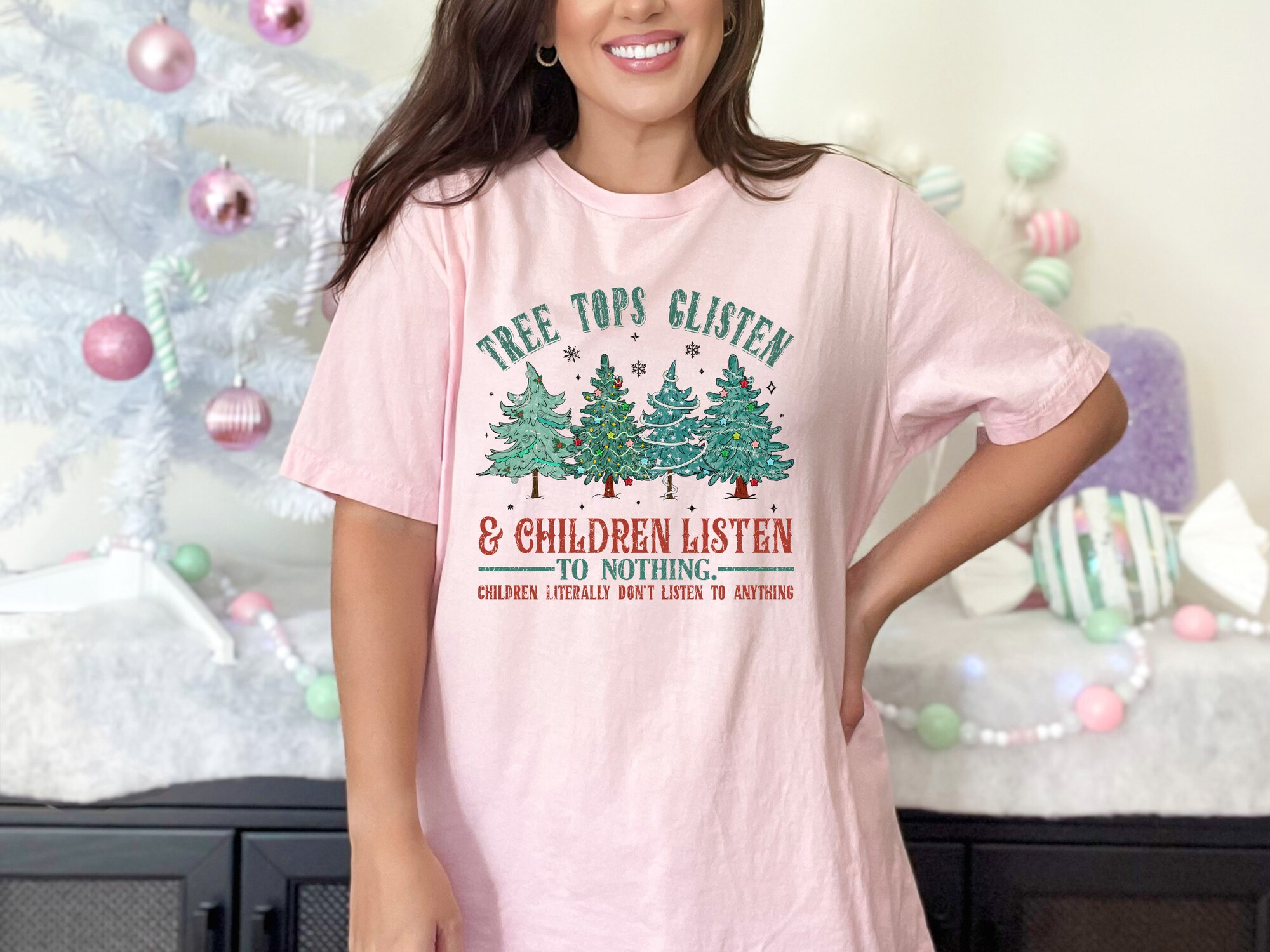 Tree Tops Glisten Funny Christmas Shirt for Family & Teacher image 5