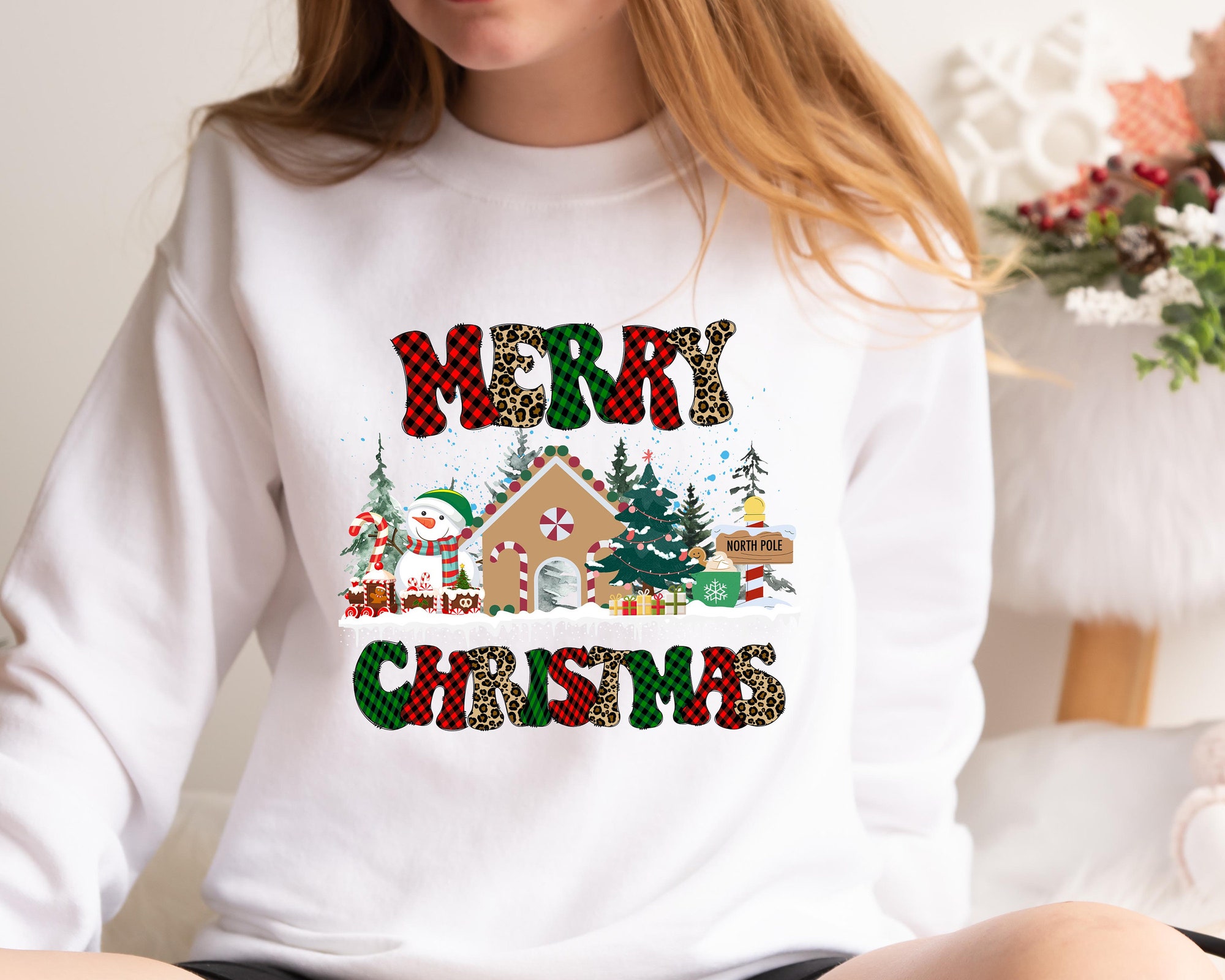 Merry Christmas Sweatshirt | Cute Winter Women's Crewneck Holiday Sweater image 3