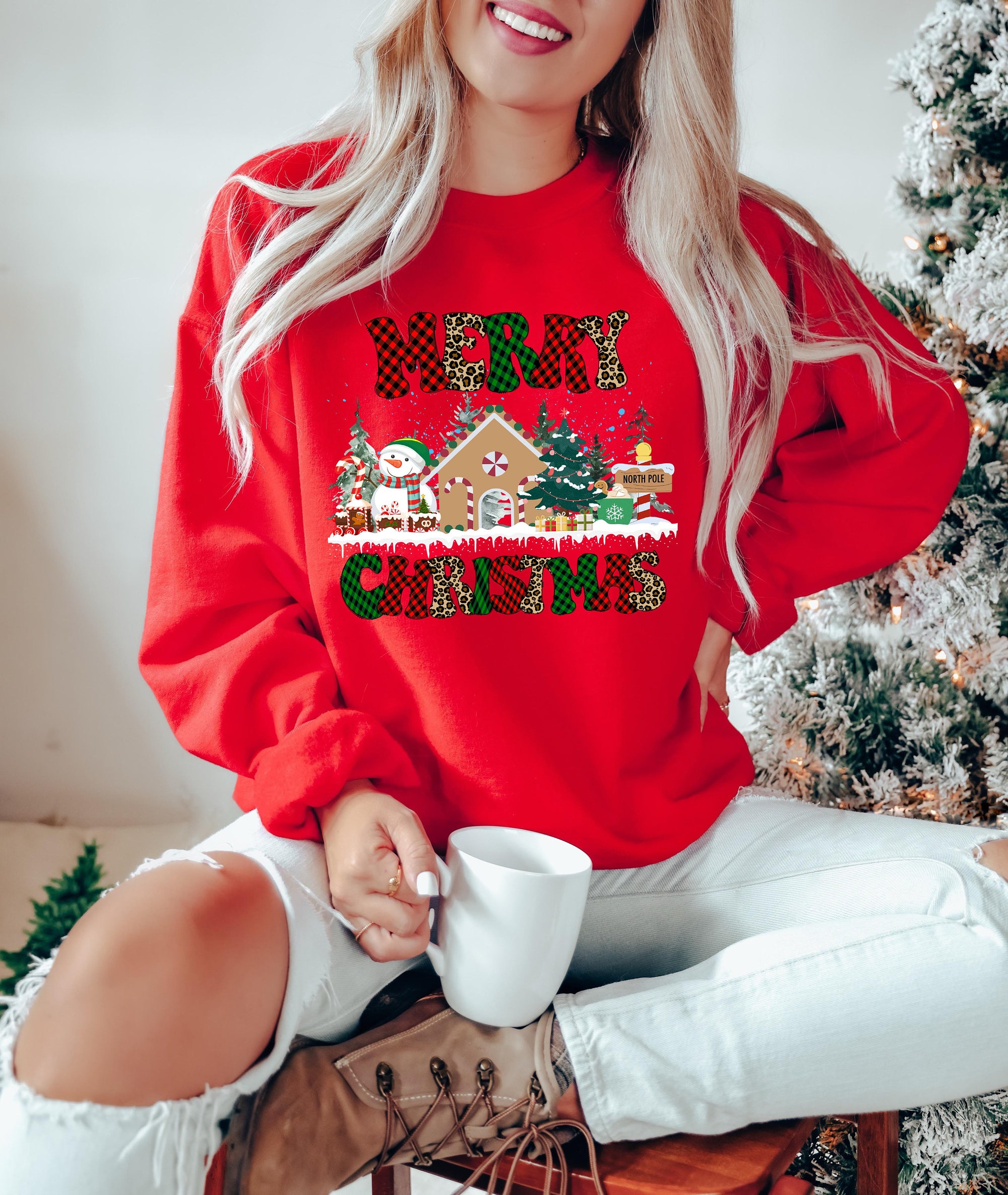 Merry Christmas Sweatshirt | Cute Winter Women's Crewneck Holiday Sweater image 4