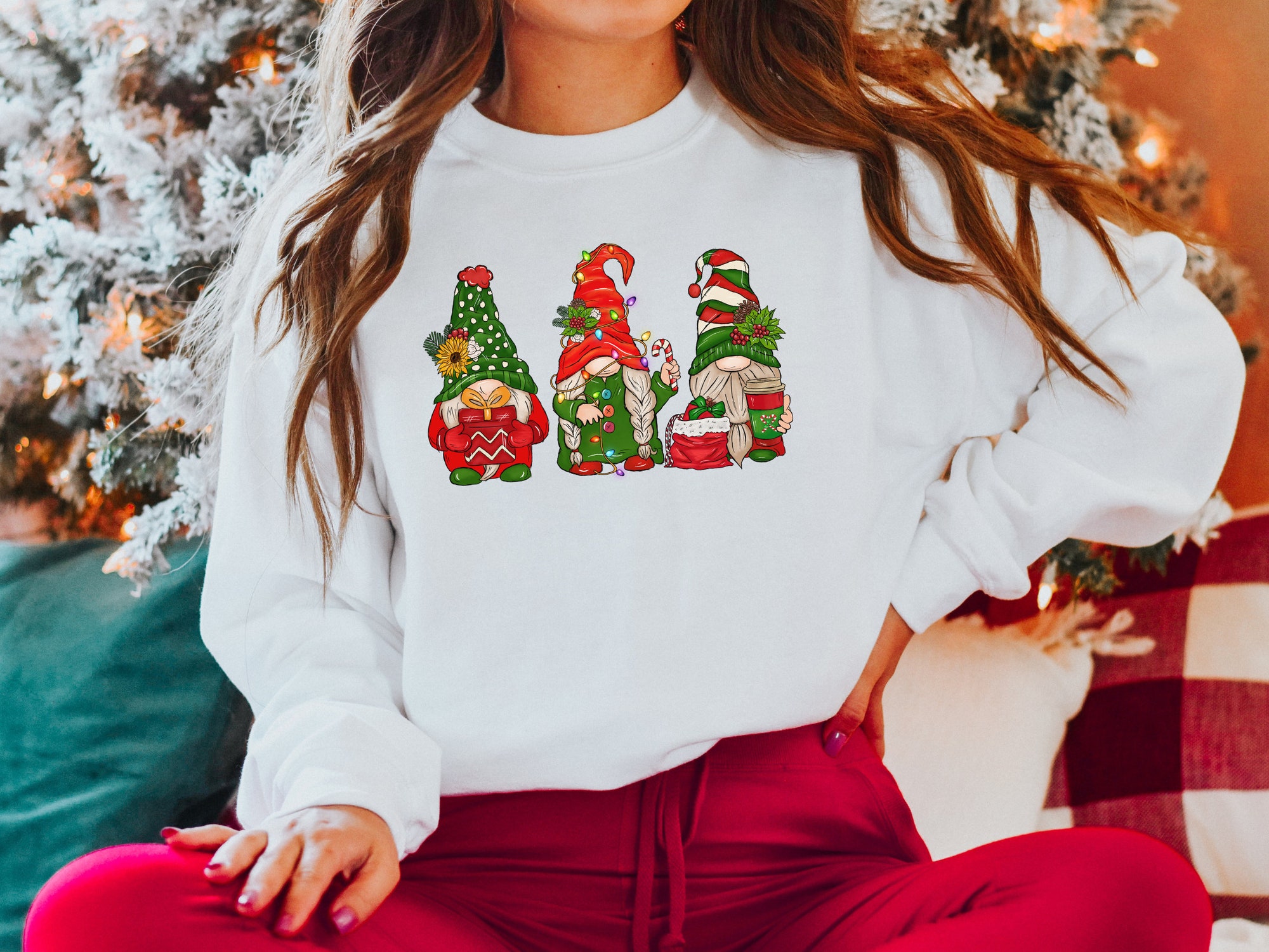 Christmas Gnomes Sweatshirt - Cute Gnome Holiday Tee Lights Crewneck image 1