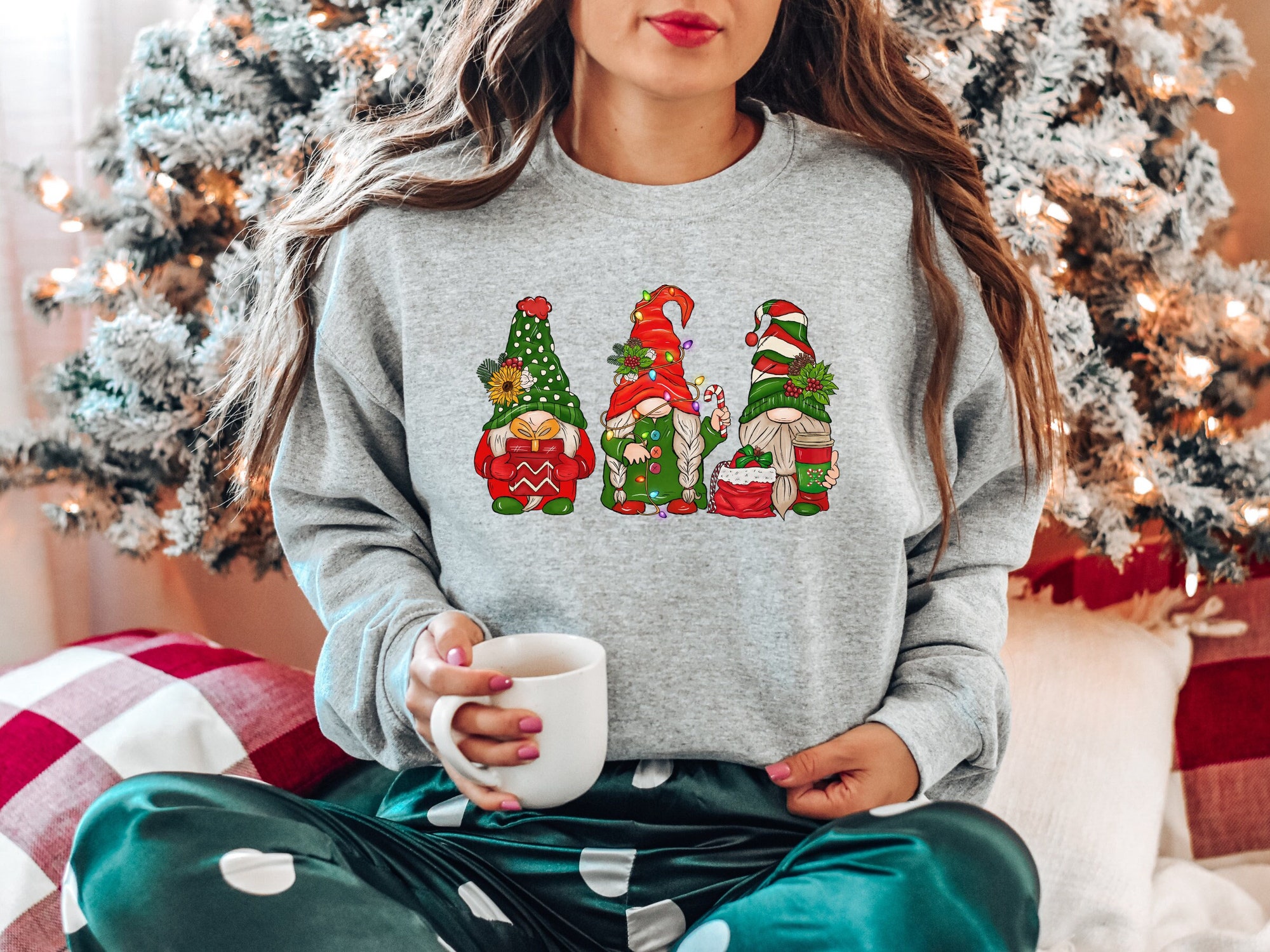 Christmas Gnomes Sweatshirt - Cute Gnome Holiday Tee Lights Crewneck image 0