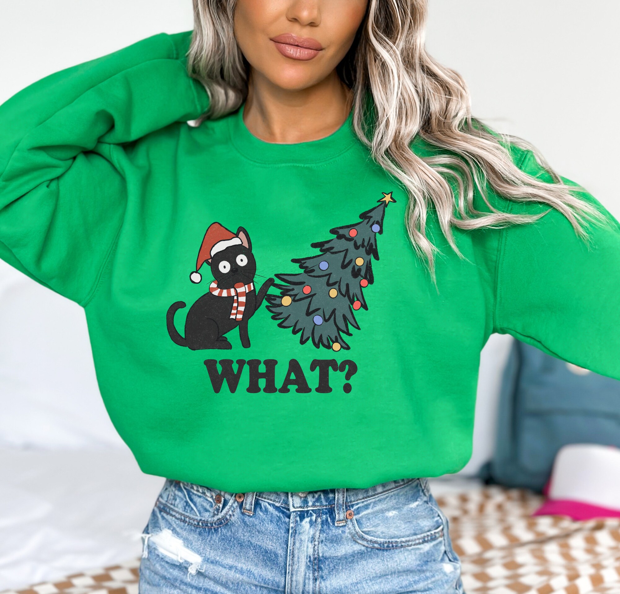 Cat Christmas Sweatshirt - Cute Cat Lover Xmas Shirt image 2