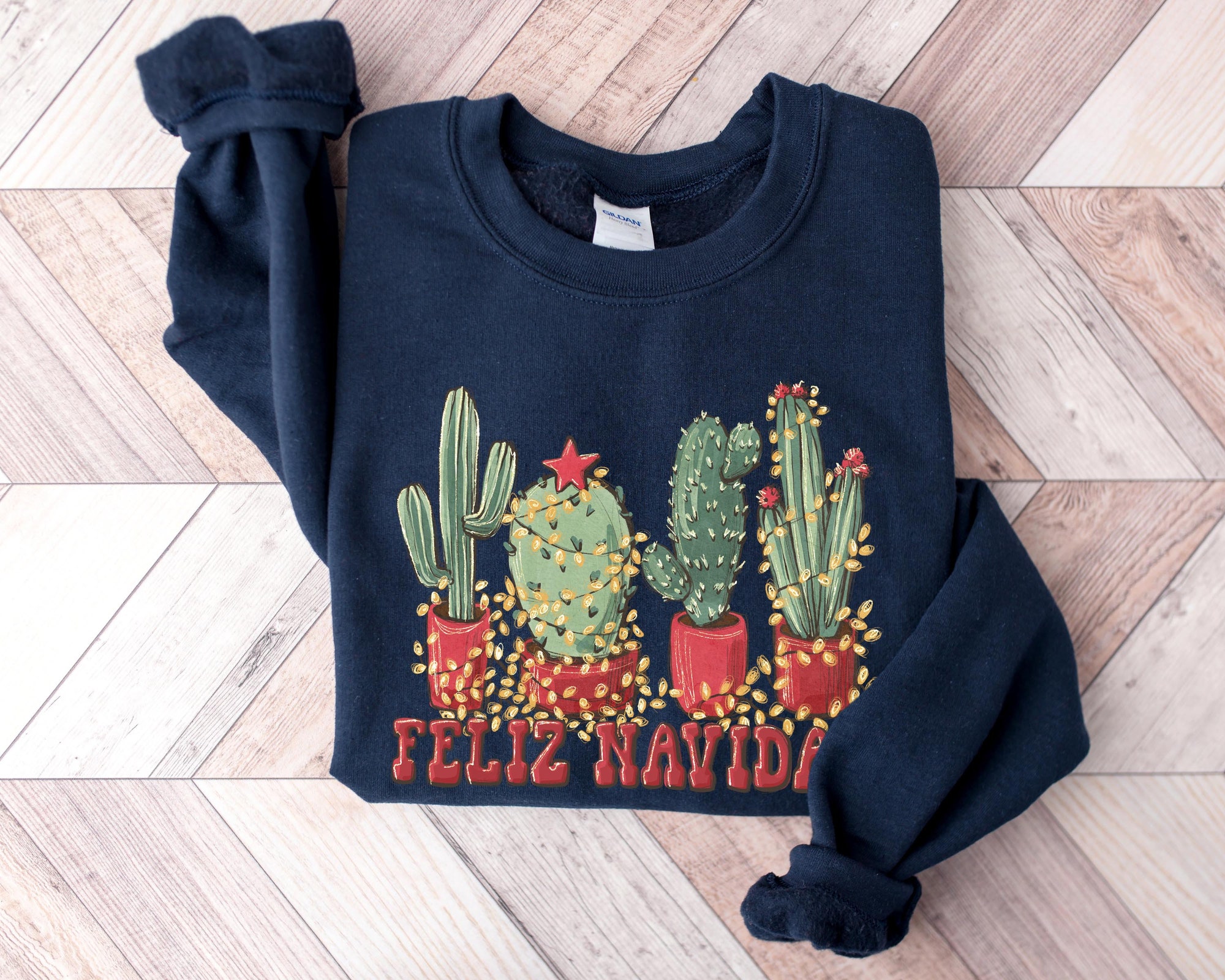 Feliz Navidad Cactus Shirt | Cowboy Christmas Tee Plant Lover Sweatshirt image 3