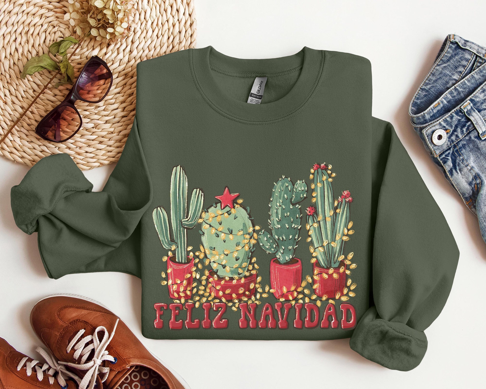 Feliz Navidad Cactus Shirt | Cowboy Christmas Tee Plant Lover Sweatshirt image 0