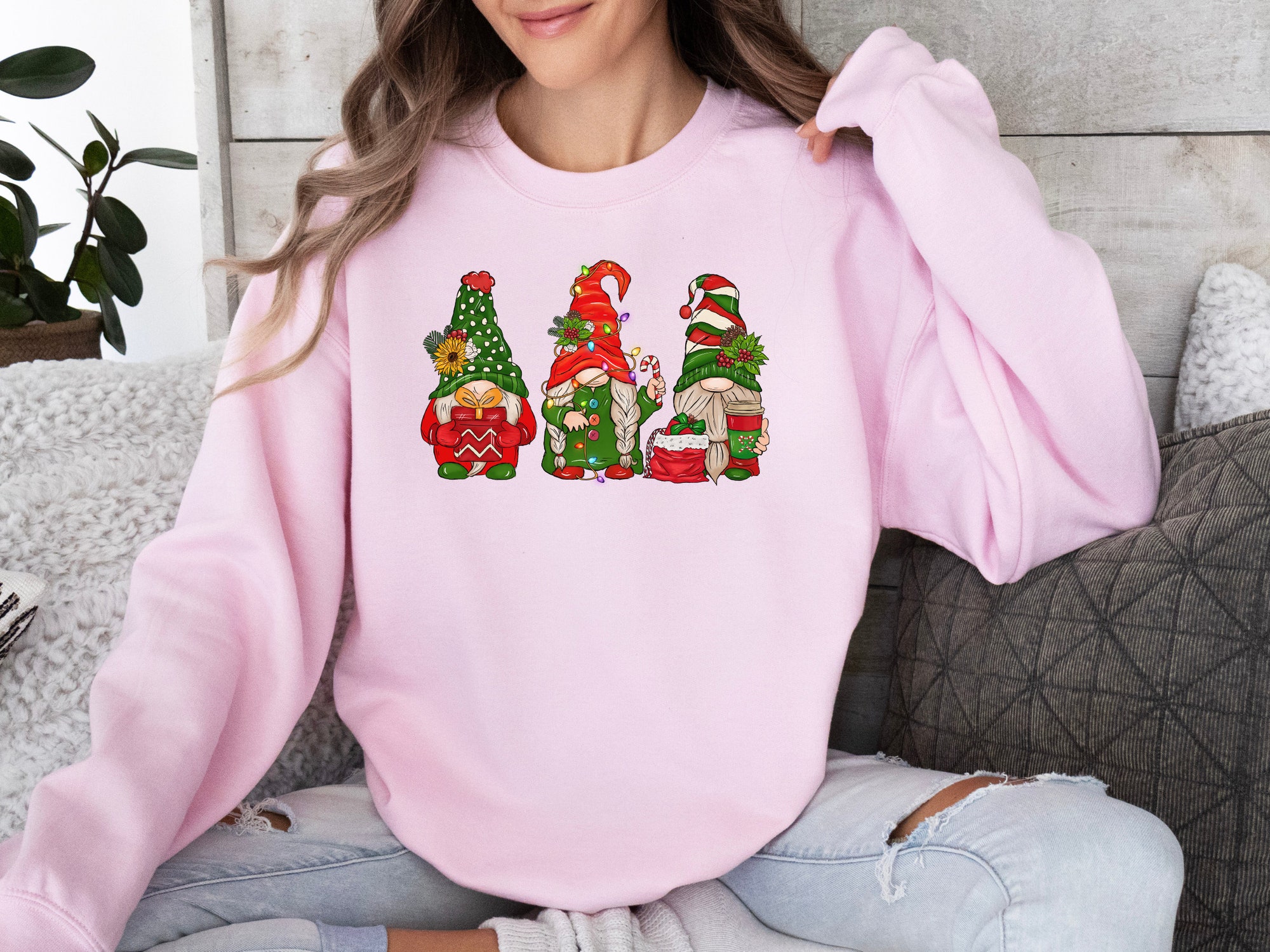 Christmas Gnomes Sweatshirt - Cute Gnome Holiday Tee Lights Crewneck image 2