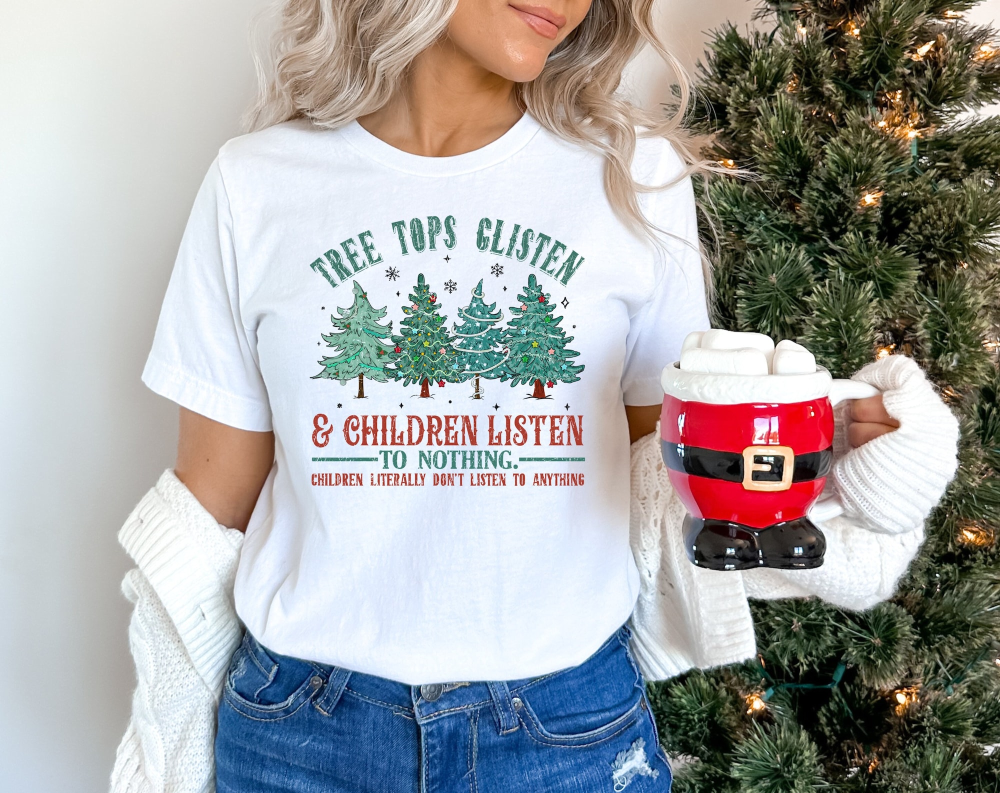 Tree Tops Glisten Funny Christmas Shirt for Family & Teacher image 0