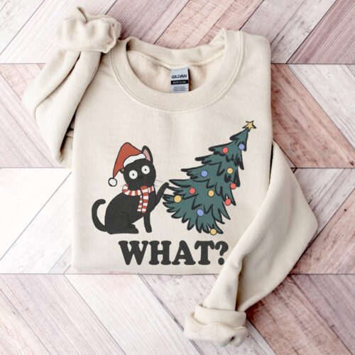 Cat Christmas Sweatshirt - Cute Cat Lover Xmas Shirt image 0