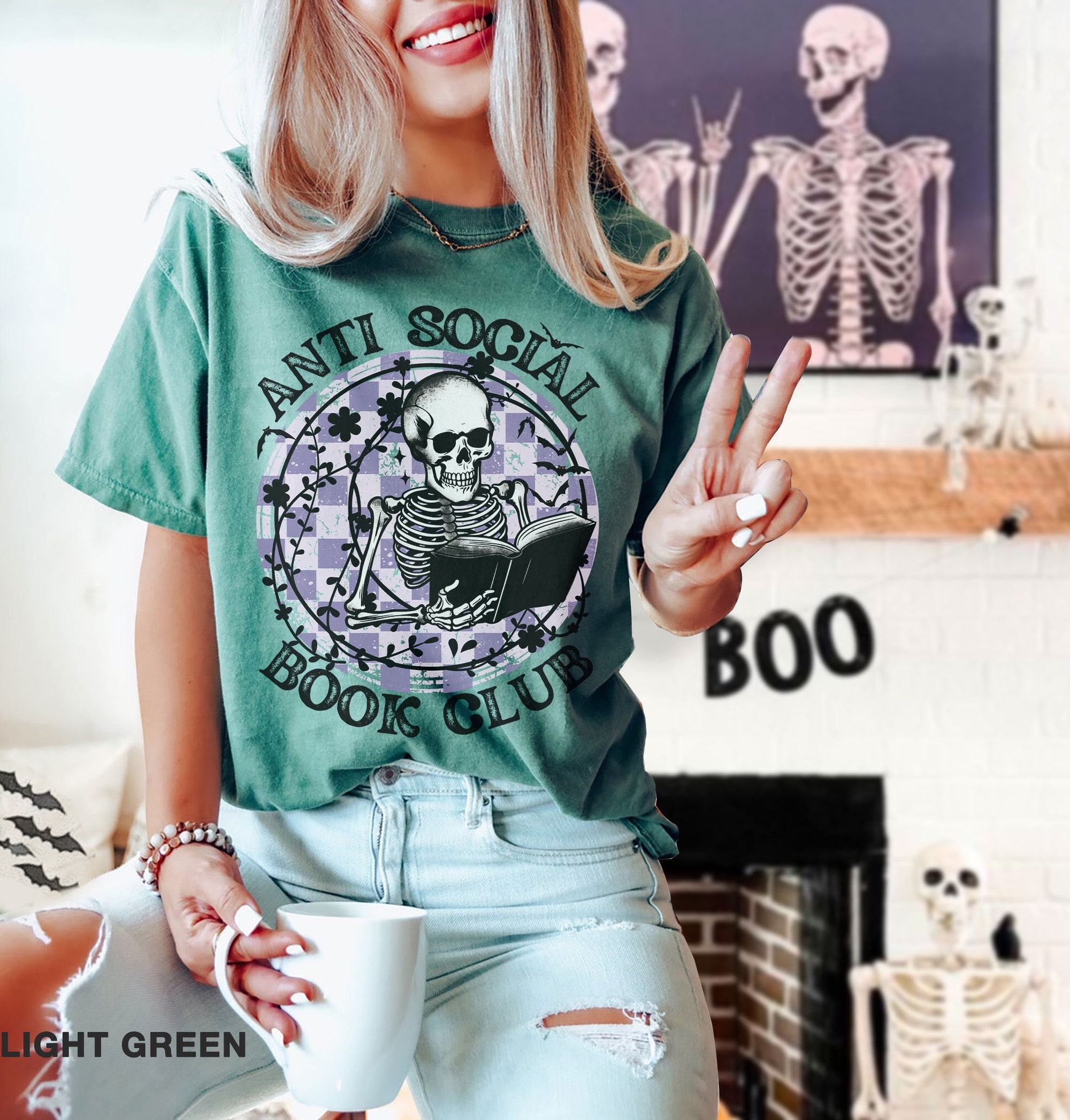 Anti Social Book Club Halloween Shirt | Funny Skeleton & Book Lover Tee image 3