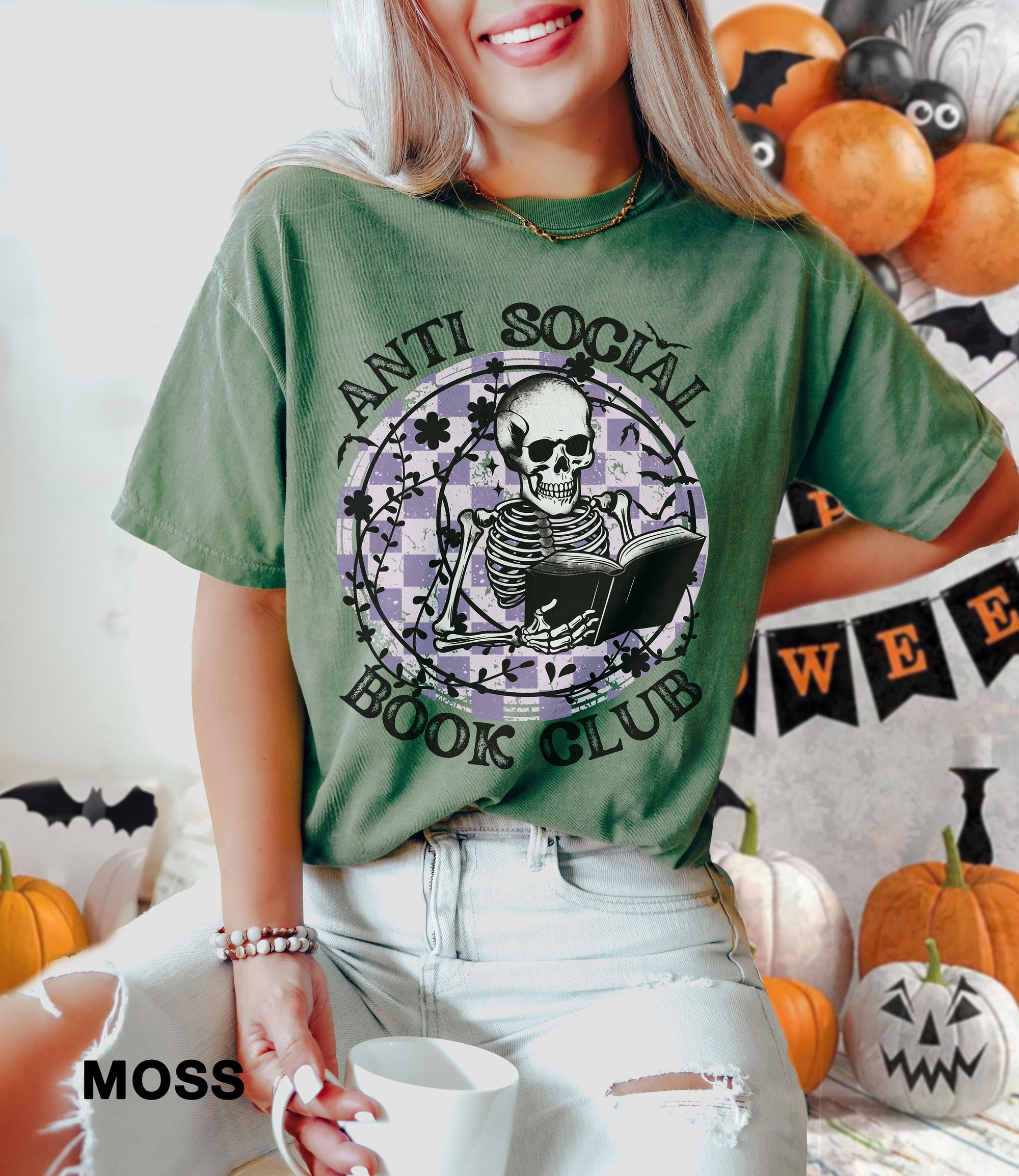 Anti Social Book Club Halloween Shirt | Funny Skeleton & Book Lover Tee image 7