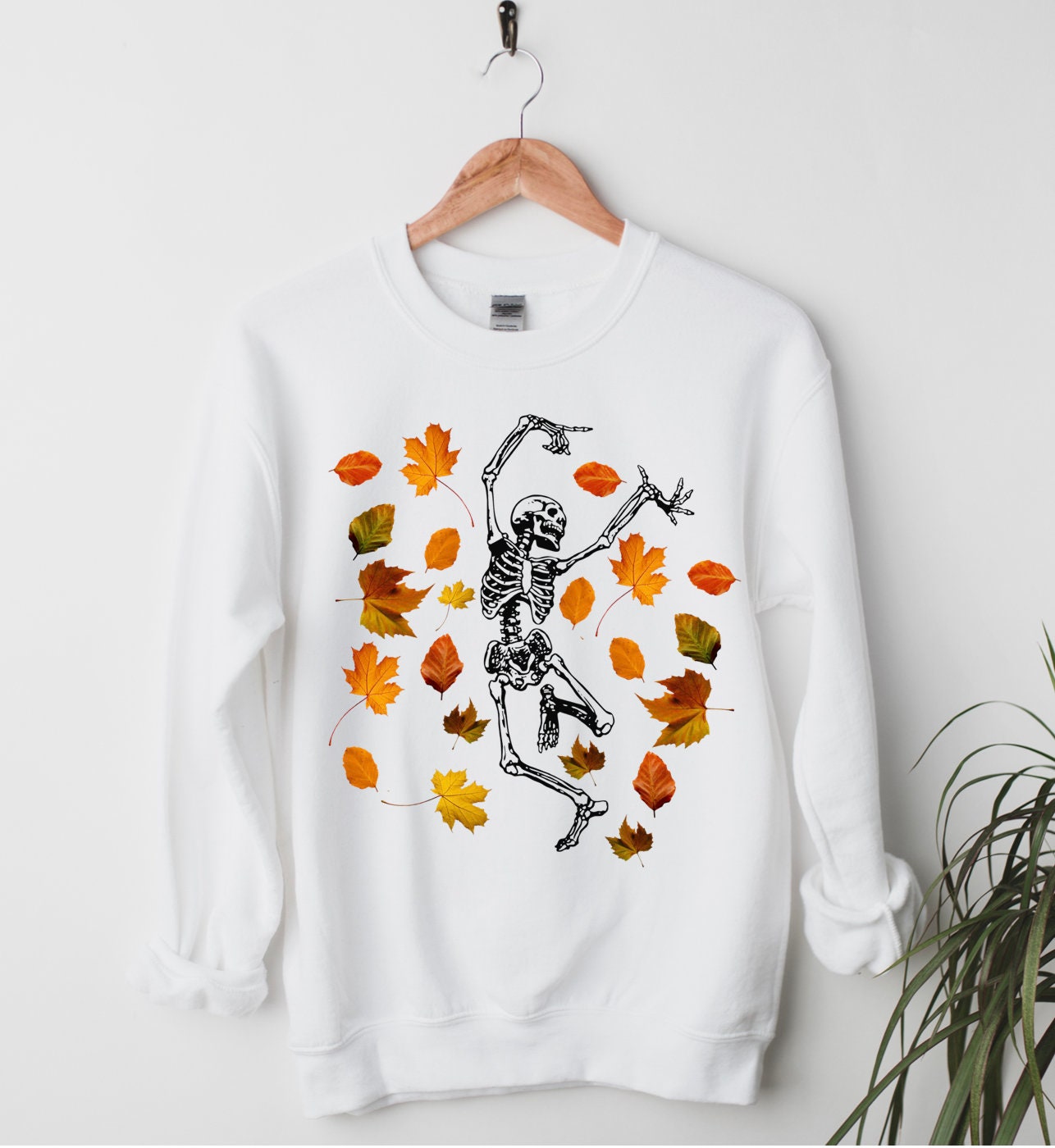 Fall Leaves Dancing Skeleton Shirt Happy Halloween Tee image 2