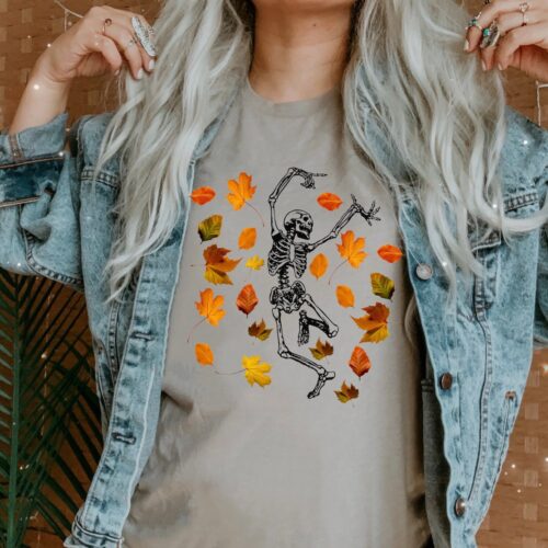 Dancing Skeleton Shirt: Fall Leaves Shirt Funny Halloween Skull Tee image 0