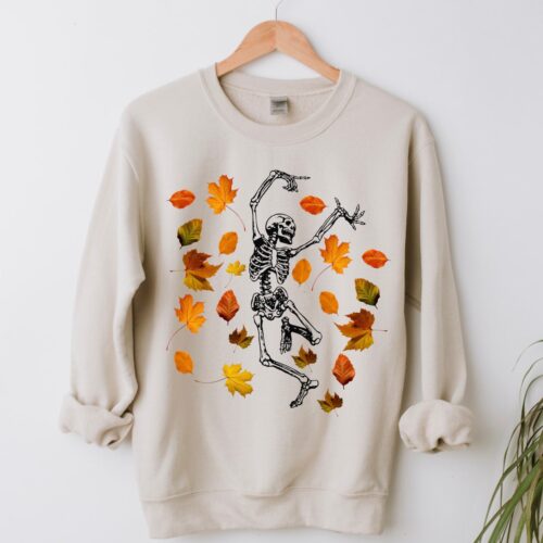 Fall Leaves Dancing Skeleton Shirt Happy Halloween Tee image 0