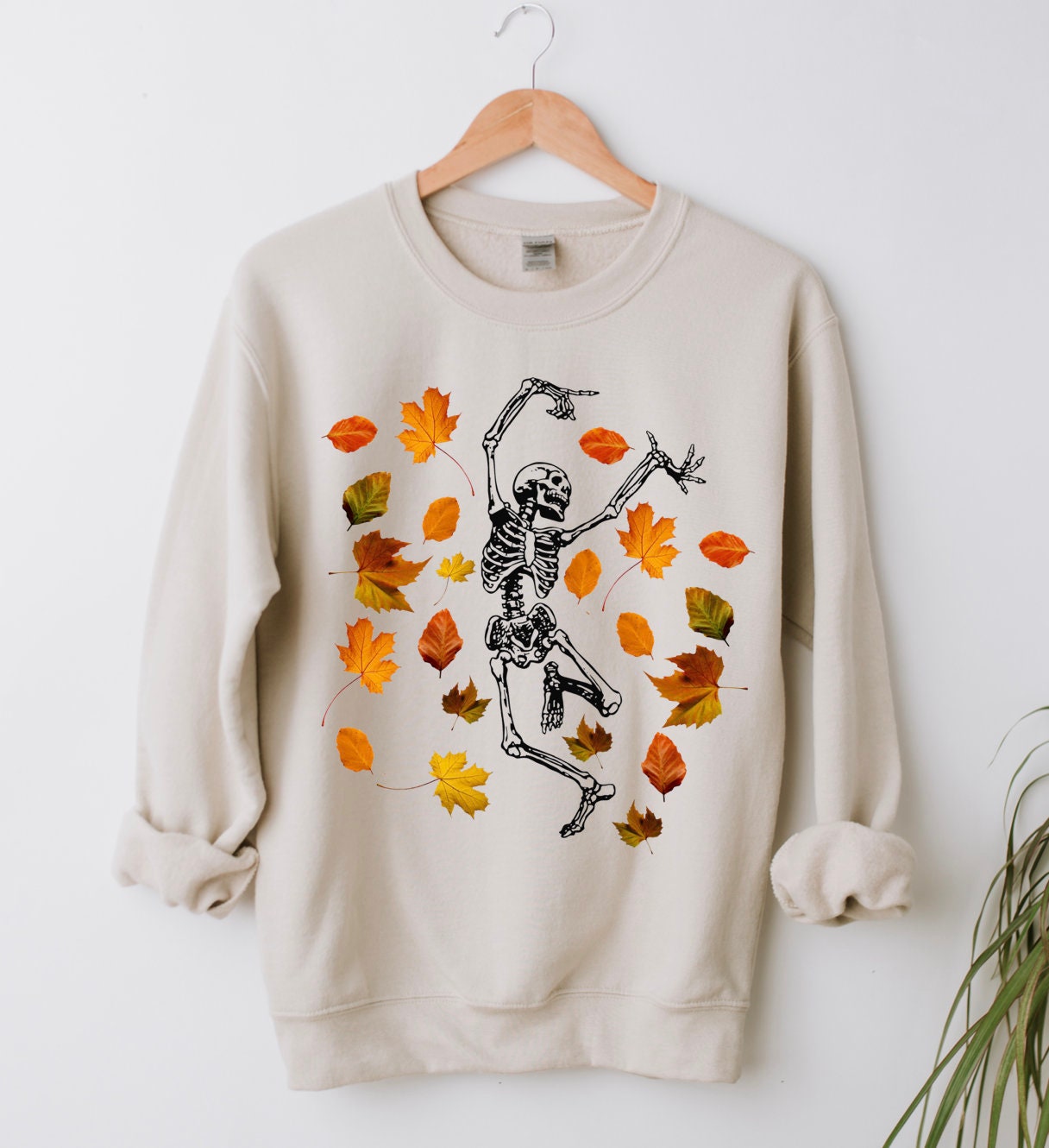 Fall Leaves Dancing Skeleton Shirt Happy Halloween Tee image 0