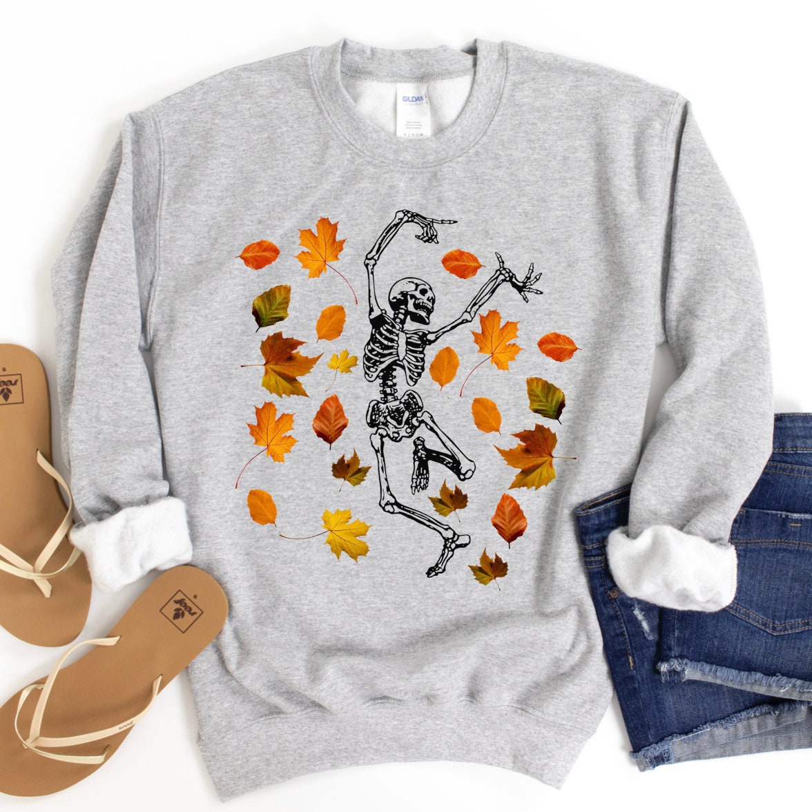 Fall Leaves Dancing Skeleton Shirt Happy Halloween Tee image 3