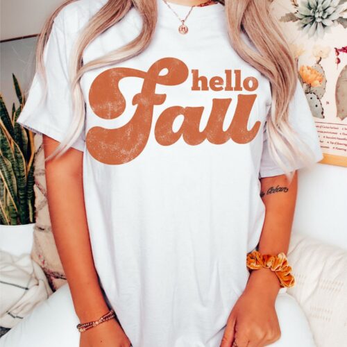 Women's Fall & Halloween Tees: Retro Pumpkin & Hello Fall Shirts image 0