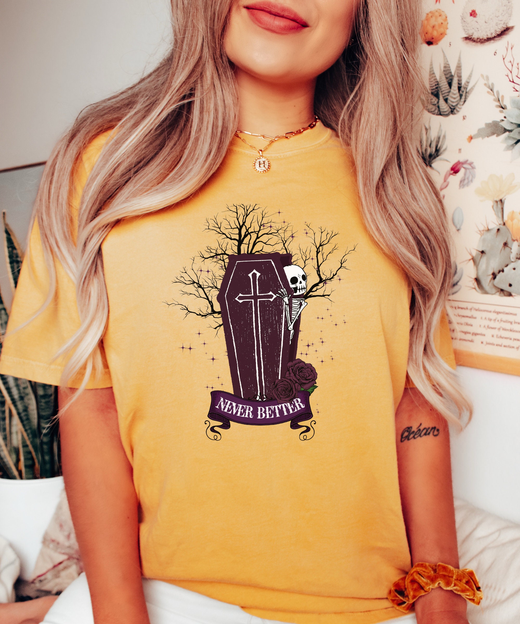 Never Better Skeleton Tee Spooky Vintage Boho Halloween Shirt image 2