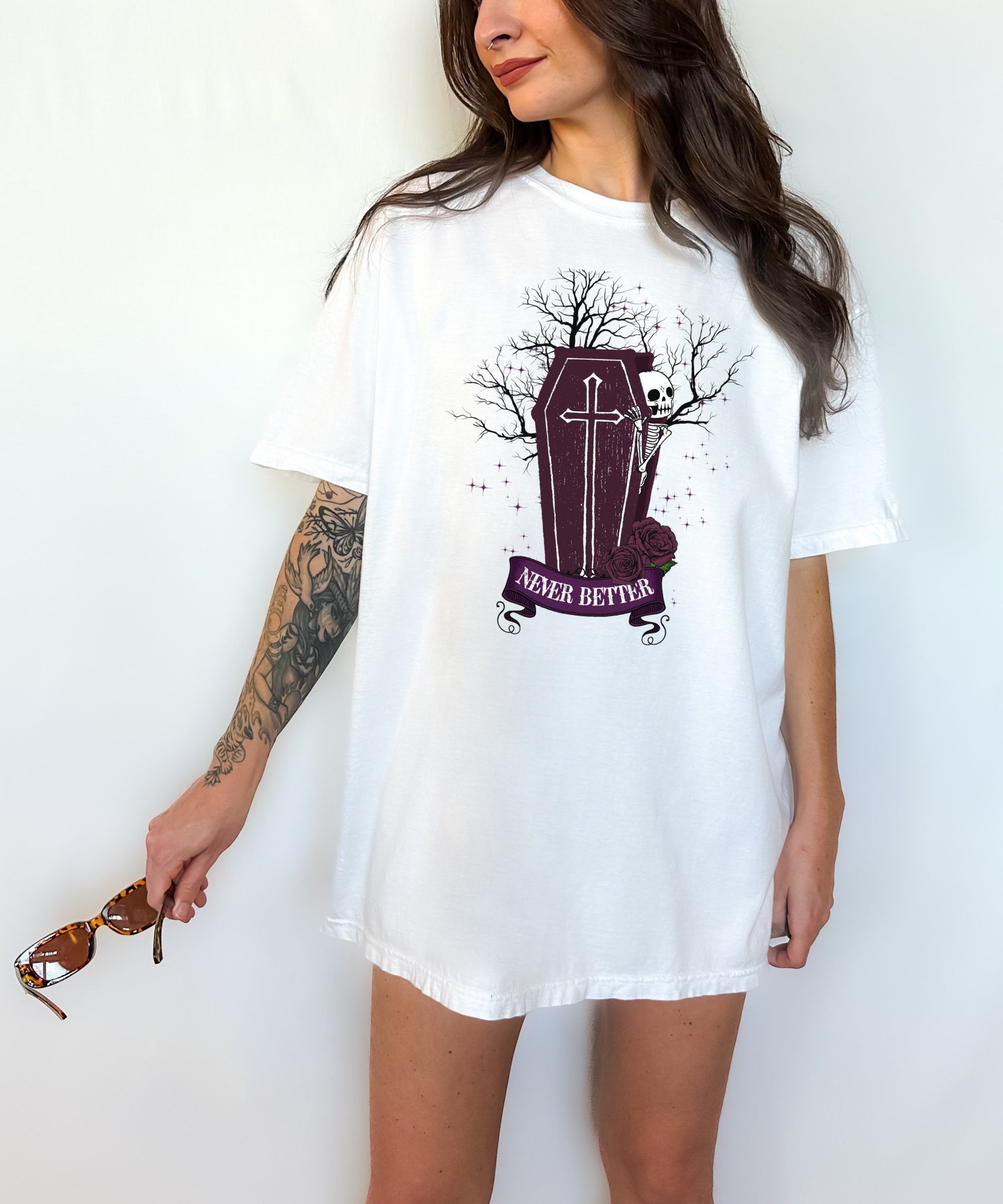 Never Better Skeleton Tee Spooky Vintage Boho Halloween Shirt image 1