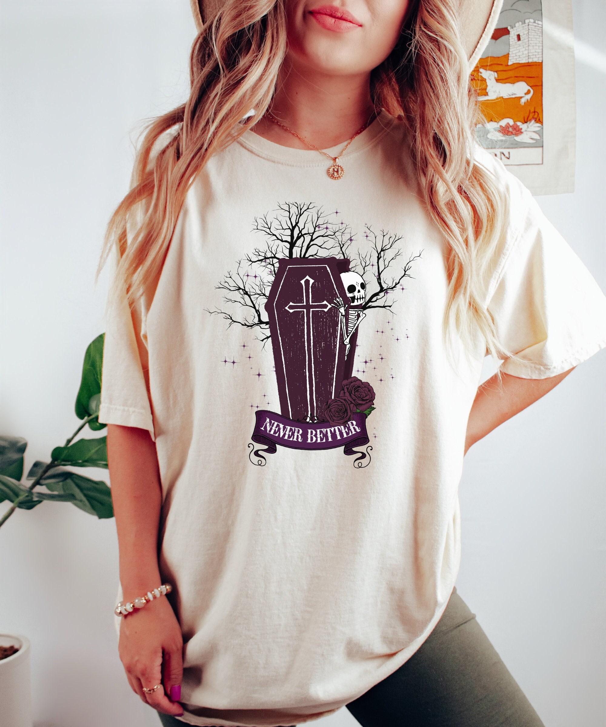 Never Better Skeleton Tee Spooky Vintage Boho Halloween Shirt image 0