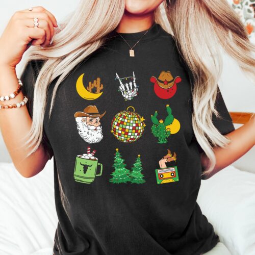 Western Cowboy Christmas Shirts: Retro Santa & Tree Tee for Women image 0