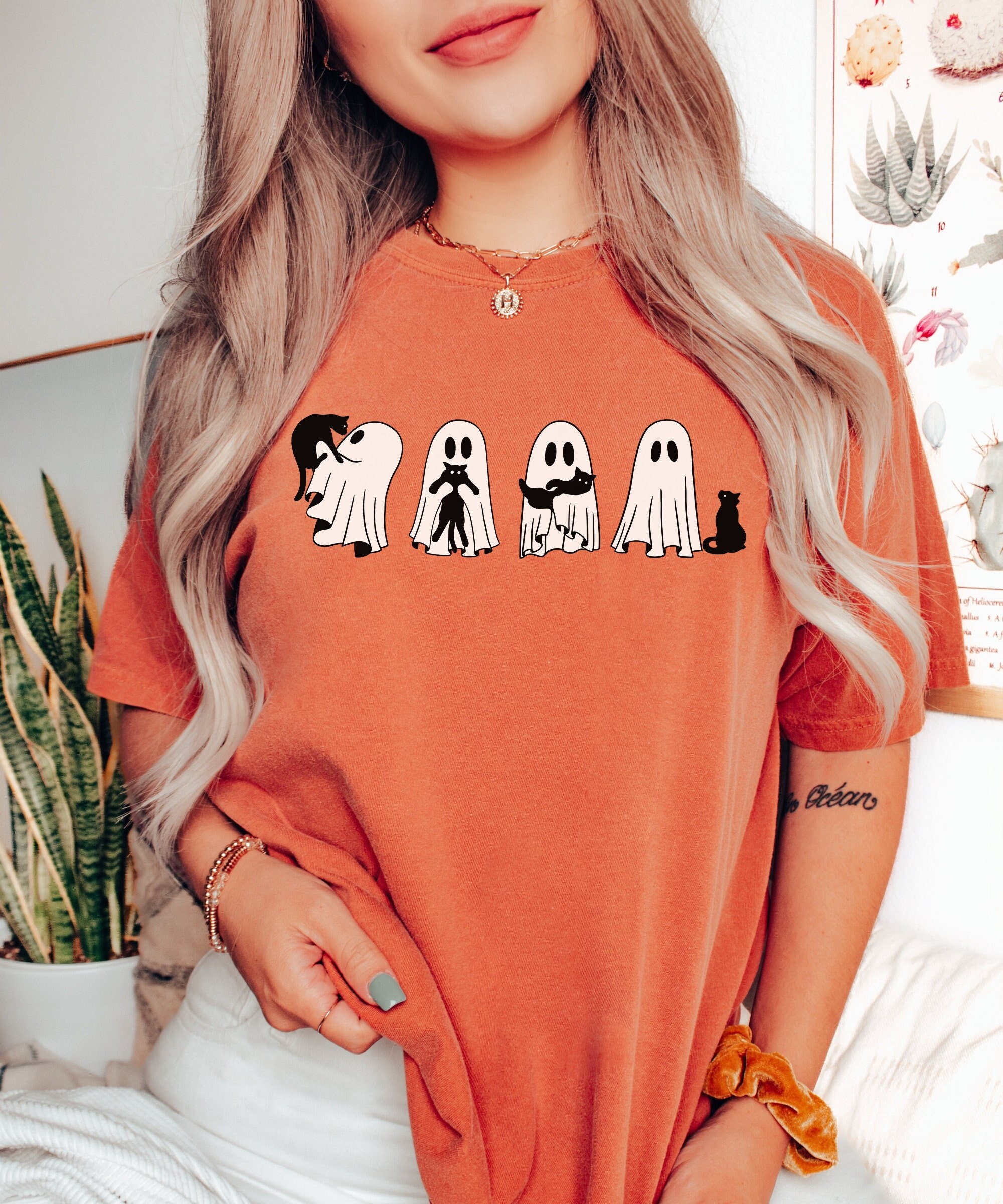 Cute Ghost Cat Shirt - Retro Halloween Cat Lovers Tee image 0