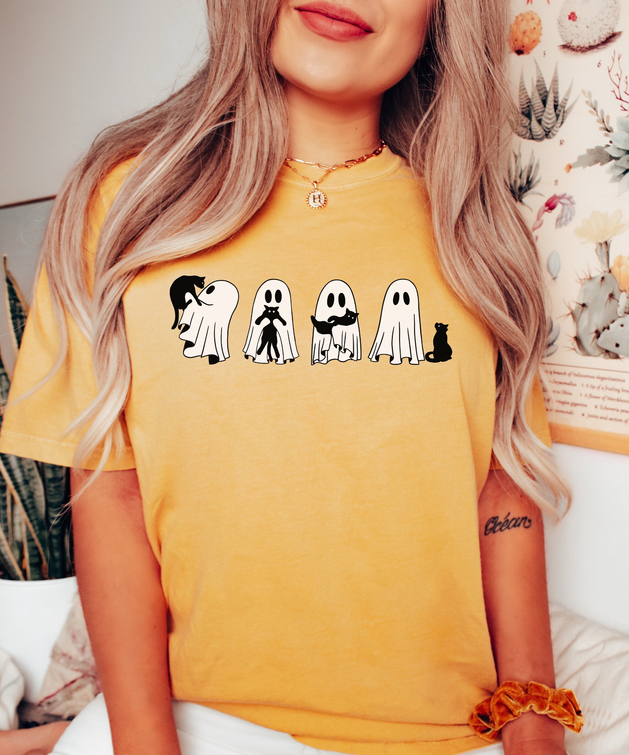 Cute Ghost Cat Shirt - Retro Halloween Cat Lovers Tee image 3