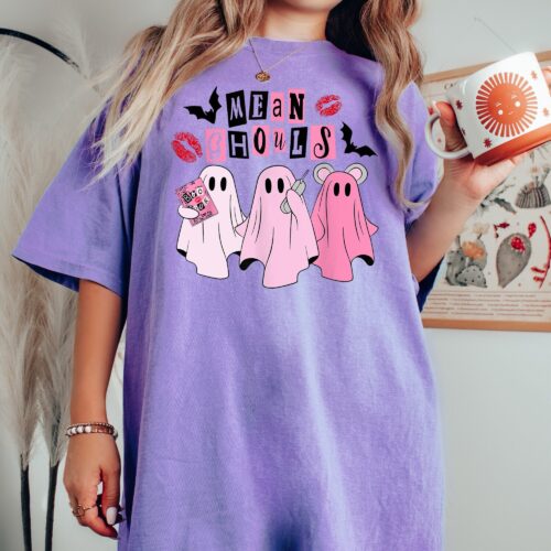 Mean Ghouls Halloween Shirt - Retro Pink Ghost Fun image 0