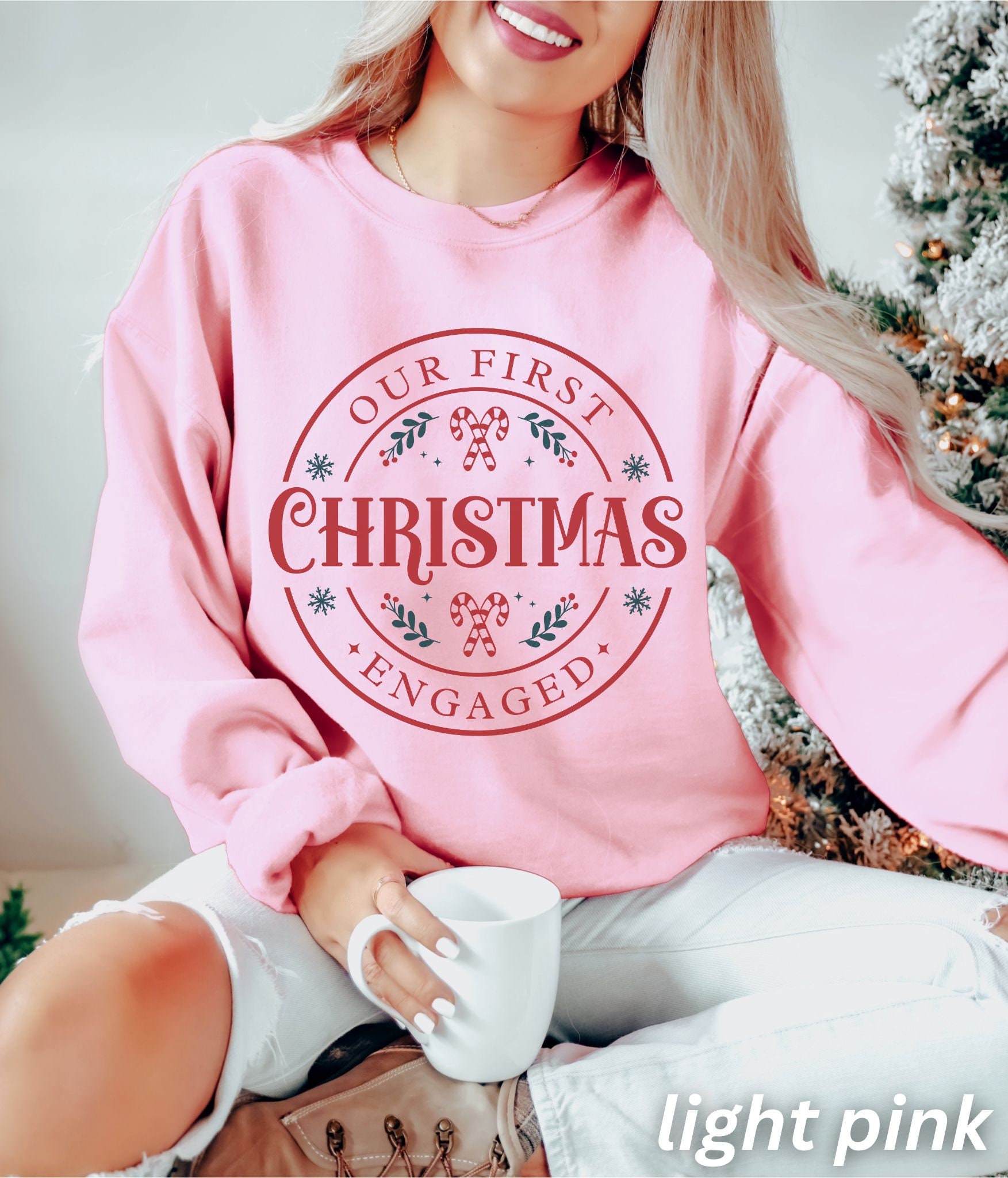 First Christmas Engaged: Couples Christmas & Engagement Sweatshirt Gift image 2