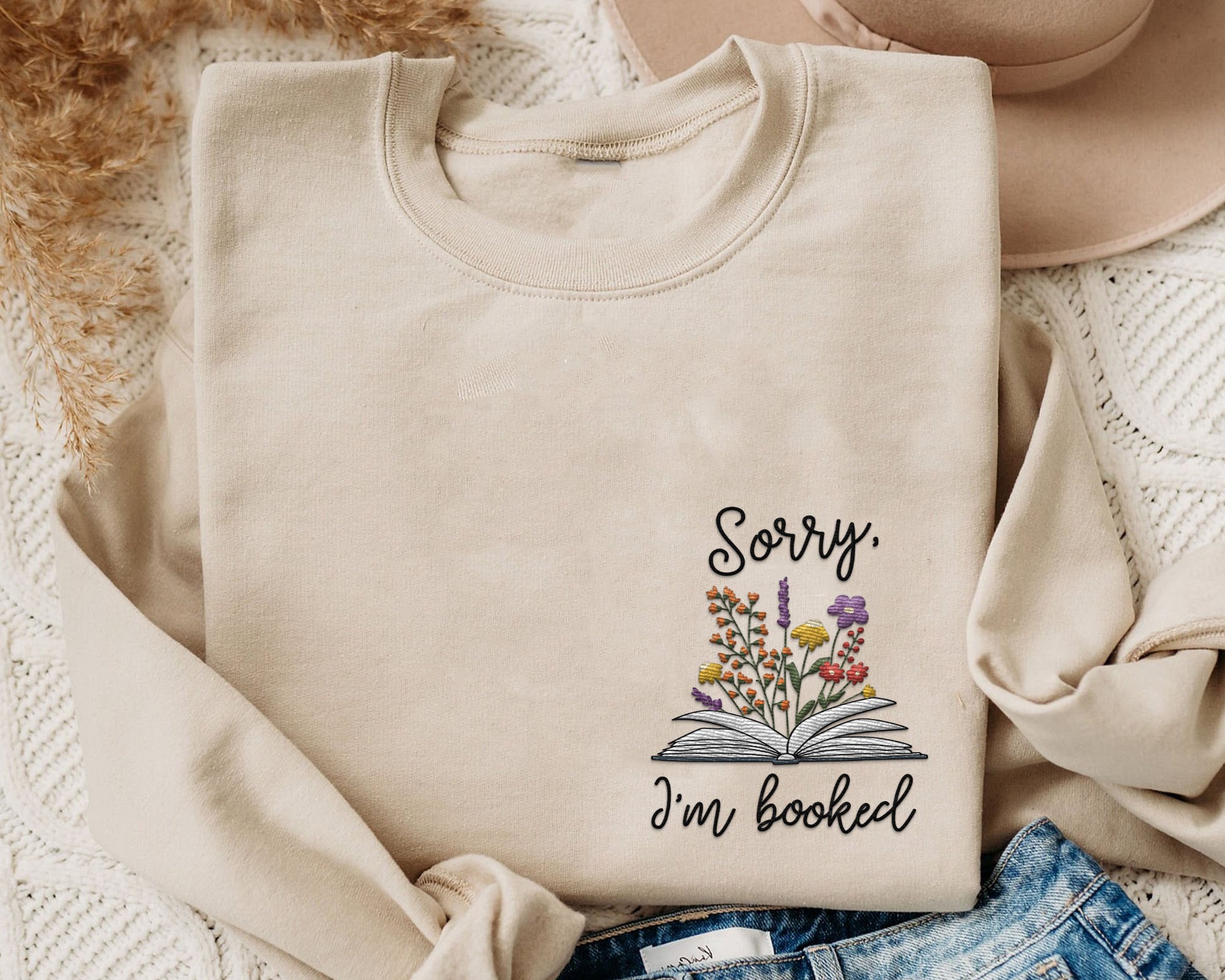 Embroidered Sorry I'm Booked Wildflower Sweatshirt Bookish Floral Embroidery Crewneck Gift For Bookworm Book Lovers Shirt Reading Book image 0