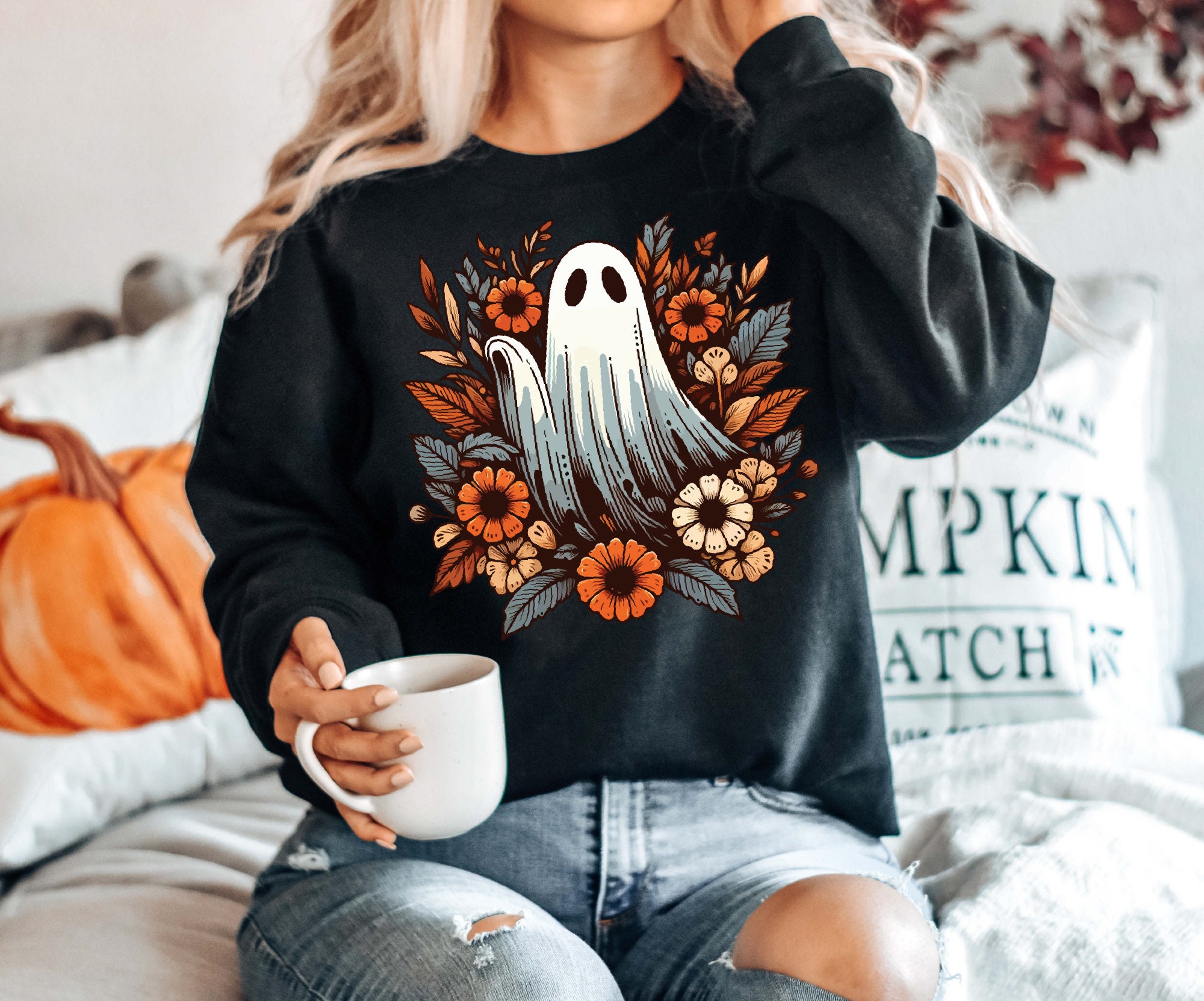 Floral Ghost Sweatshirt Women's Cute Halloween Gift for Spooky Season image 5