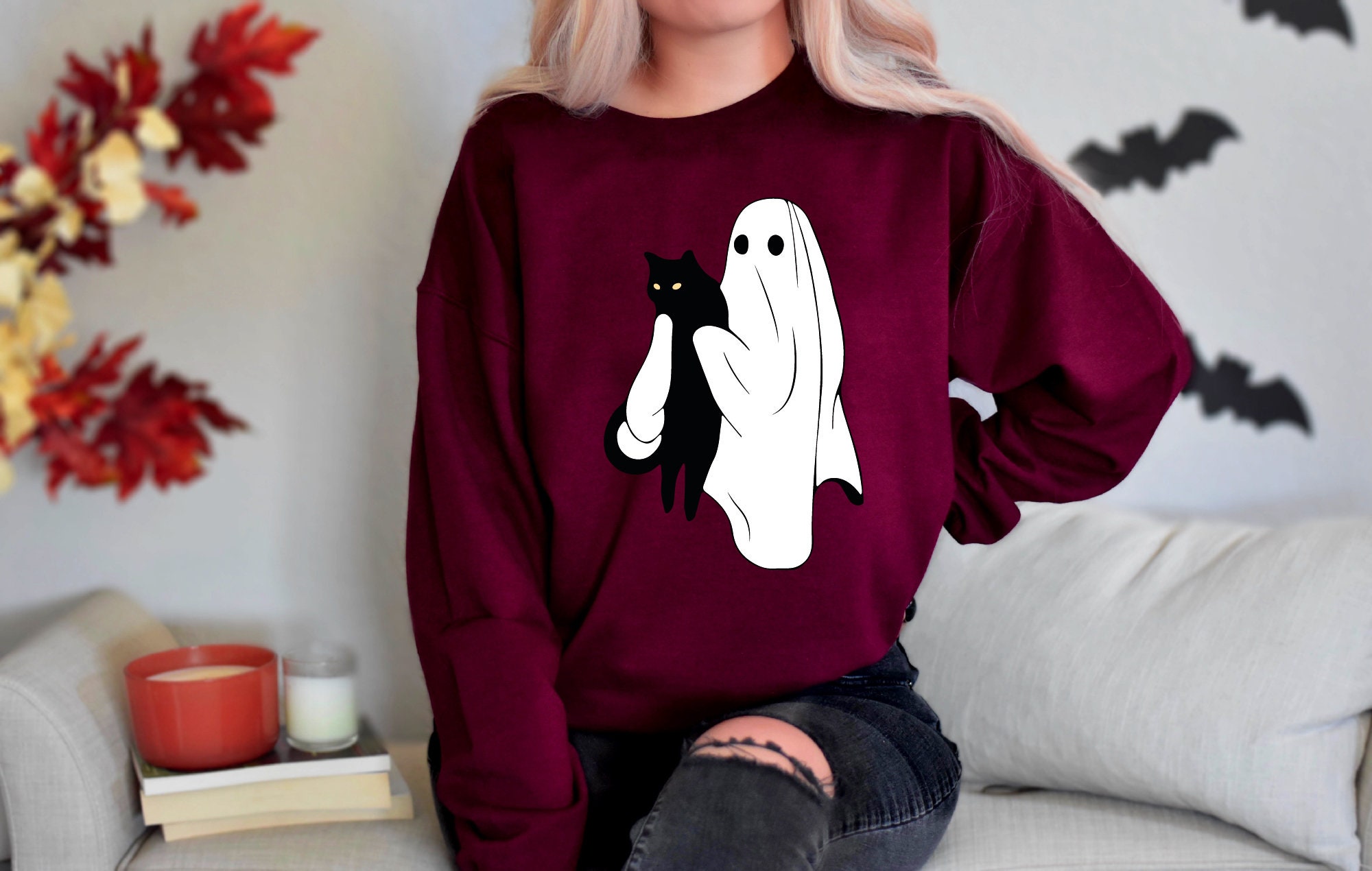 Cute Ghost and Black Cat Sweatshirt Women's Halloween Gift image 2