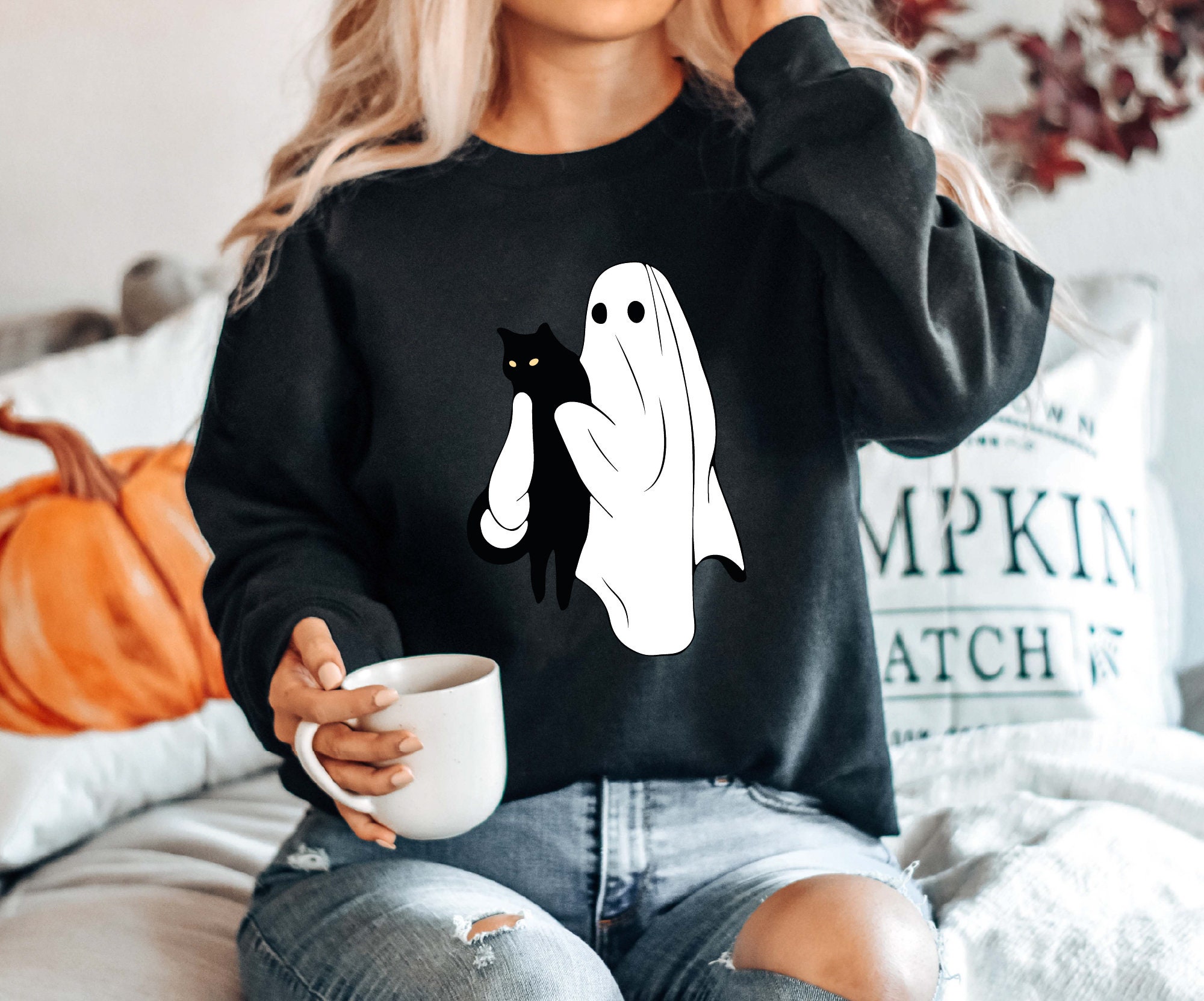 Cute Ghost and Black Cat Sweatshirt Women's Halloween Gift image 4