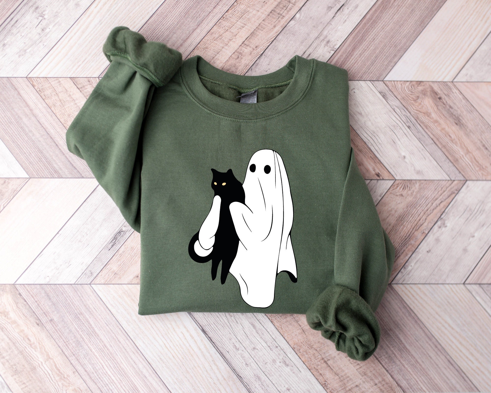 Cute Ghost and Black Cat Sweatshirt Women's Halloween Gift image 5