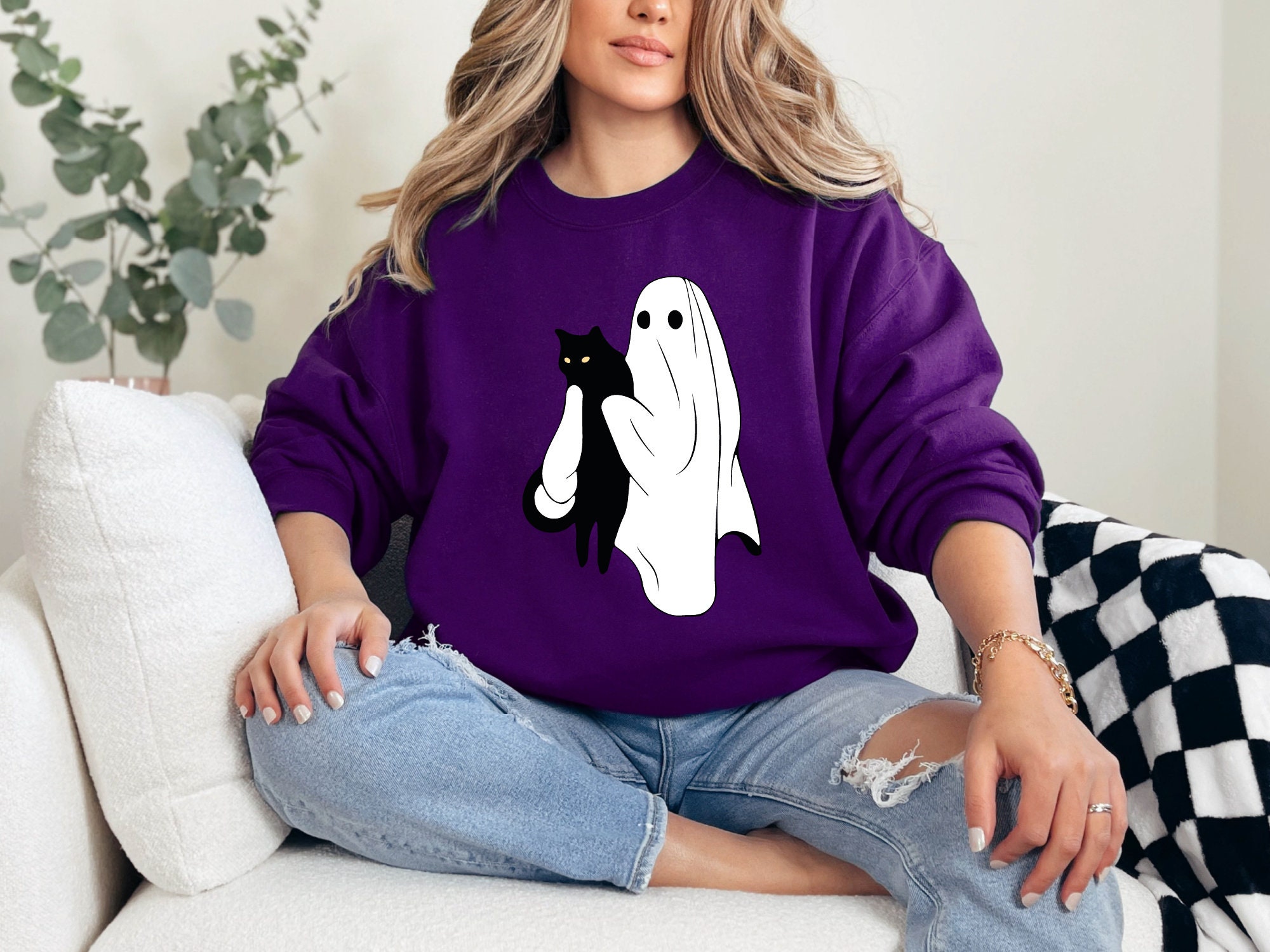 Cute Ghost and Black Cat Sweatshirt Women's Halloween Gift image 6