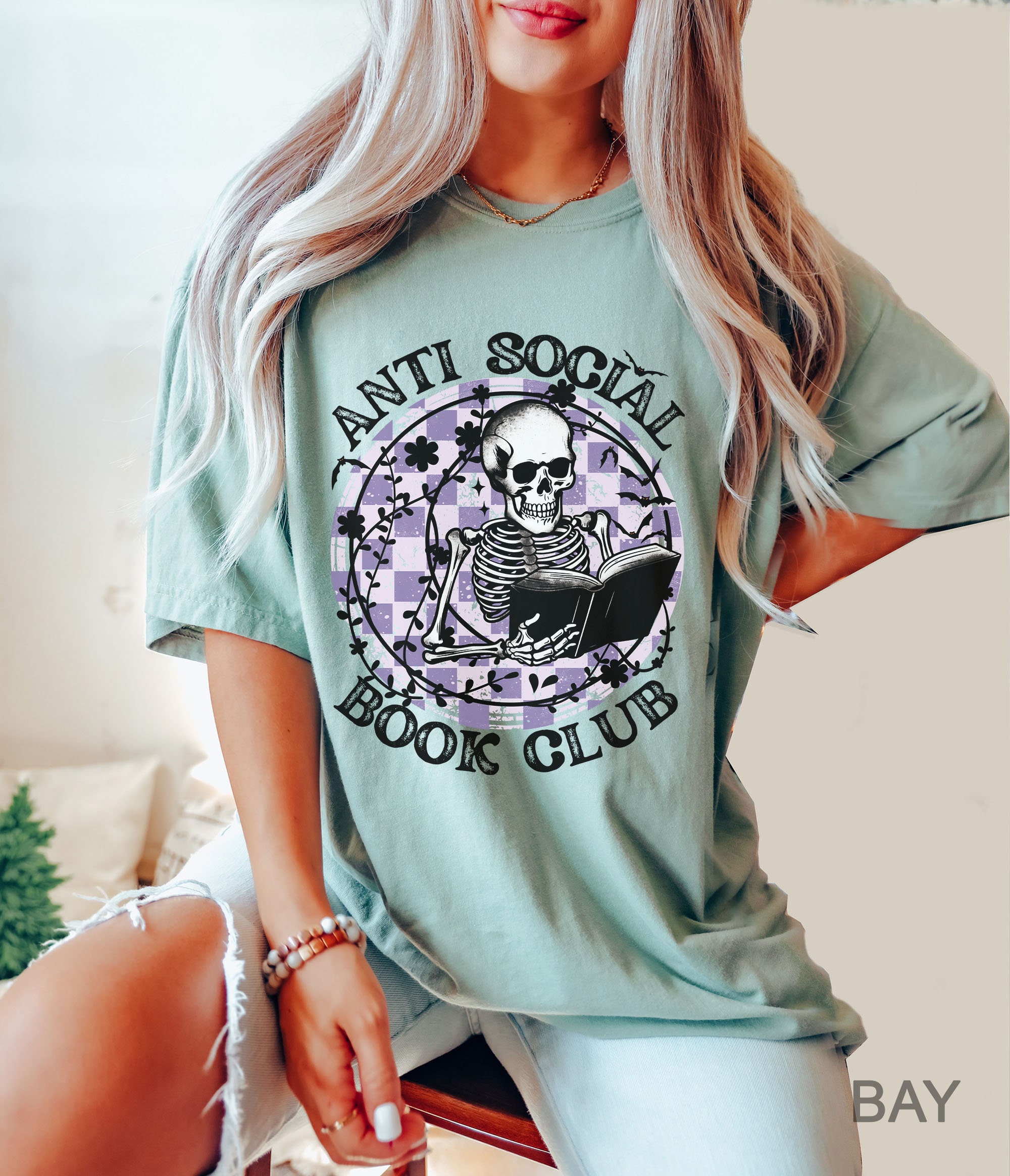 Anti Social Book Club Halloween Shirt | Funny Skeleton & Book Lover Tee image 1