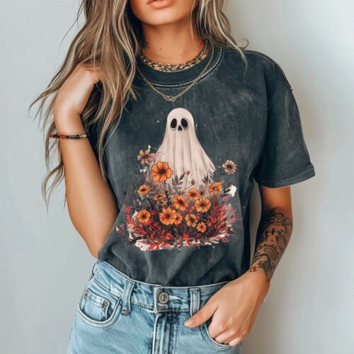 Vintage Floral Ghost Halloween Shirt Spooky Season image 0