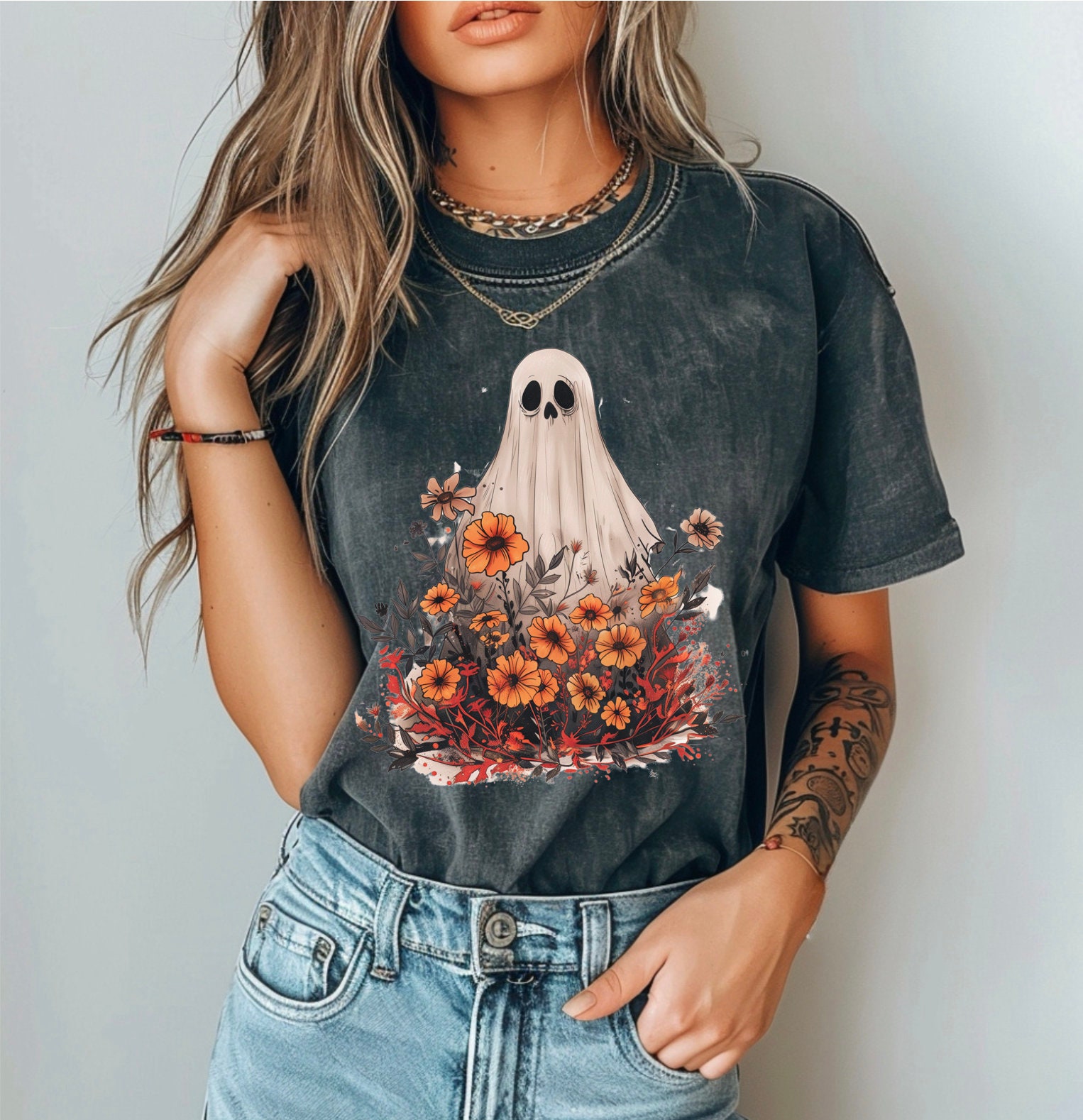 Vintage Floral Ghost Halloween Shirt Spooky Season image 0