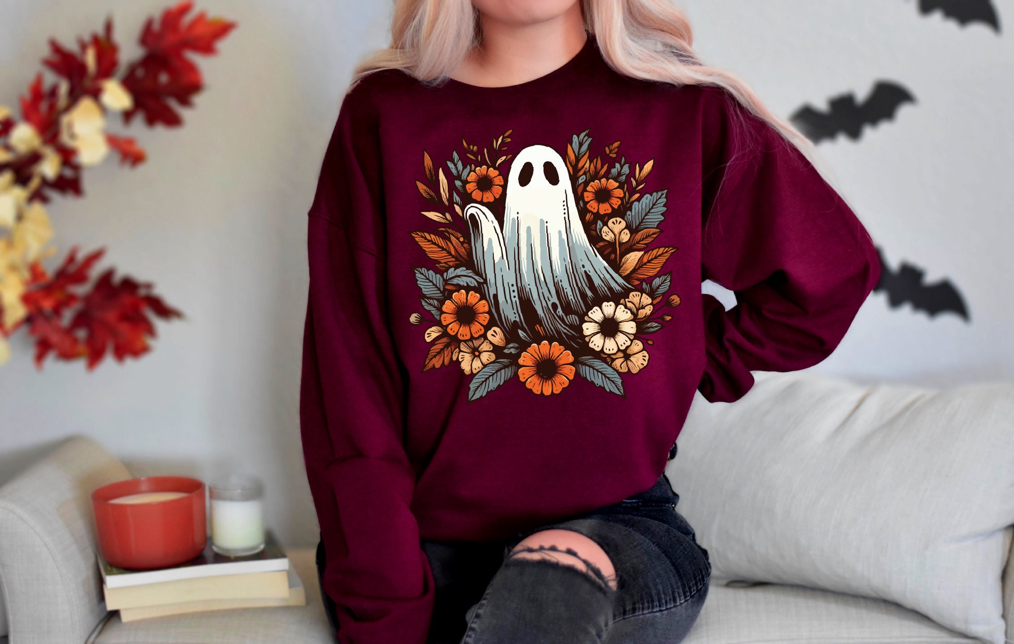 Floral Ghost Sweatshirt Women's Cute Halloween Gift for Spooky Season image 2