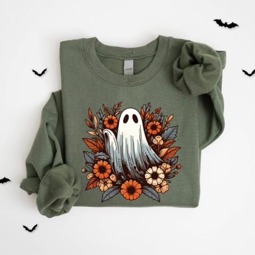 Floral Ghost Sweatshirt Women's Cute Halloween Gift for Spooky Season image 1