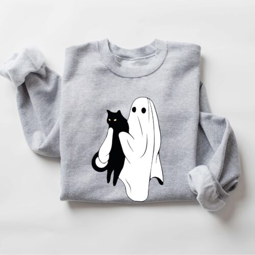 Cute Ghost and Black Cat Sweatshirt Women's Halloween Gift image 1