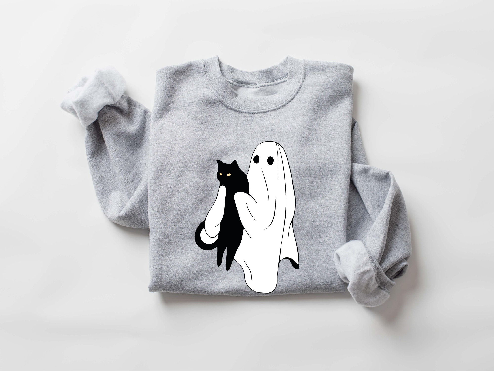 Cute Ghost and Black Cat Sweatshirt Women's Halloween Gift image 1