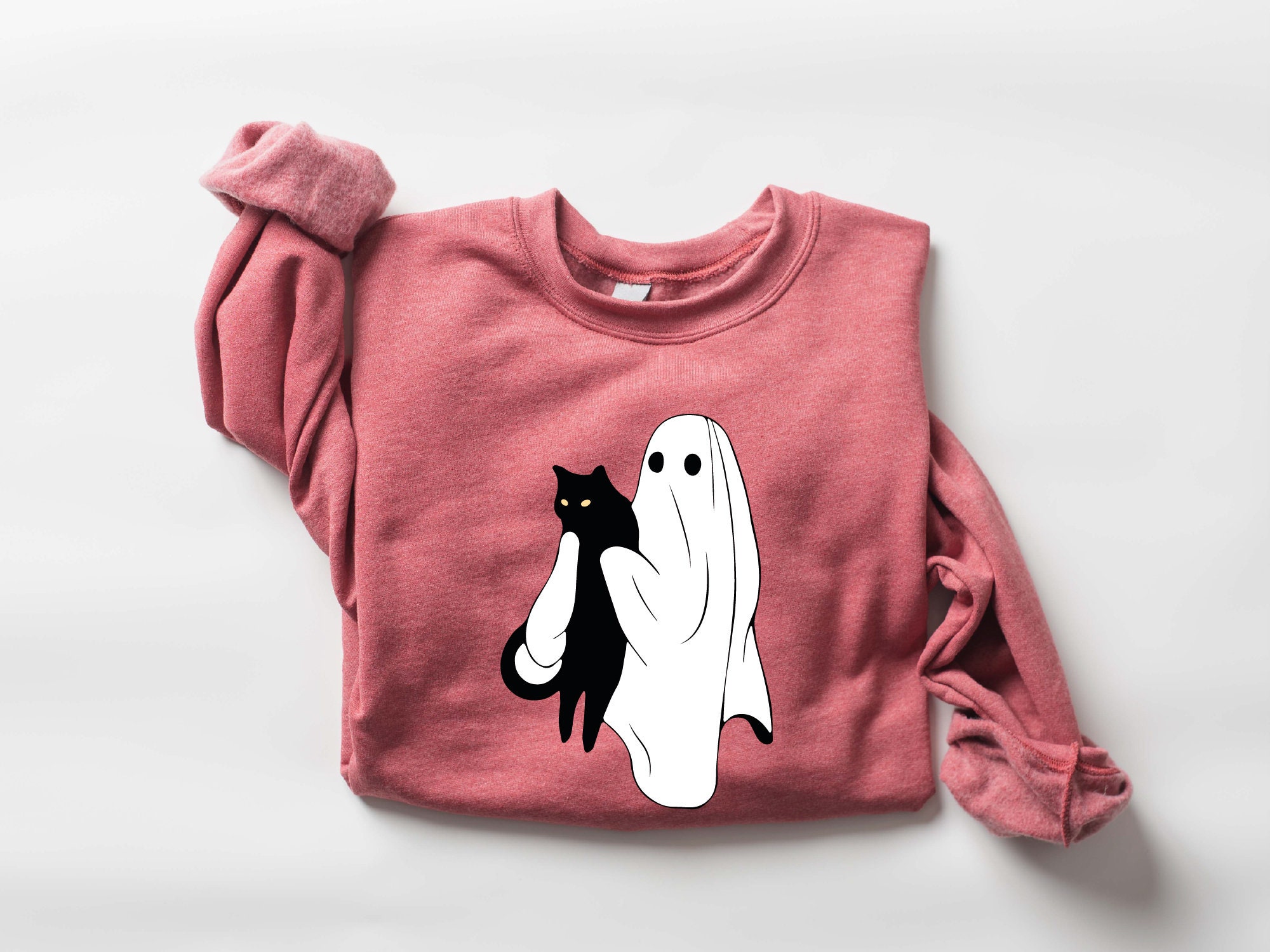 Cute Ghost and Black Cat Sweatshirt Women's Halloween Gift image 3