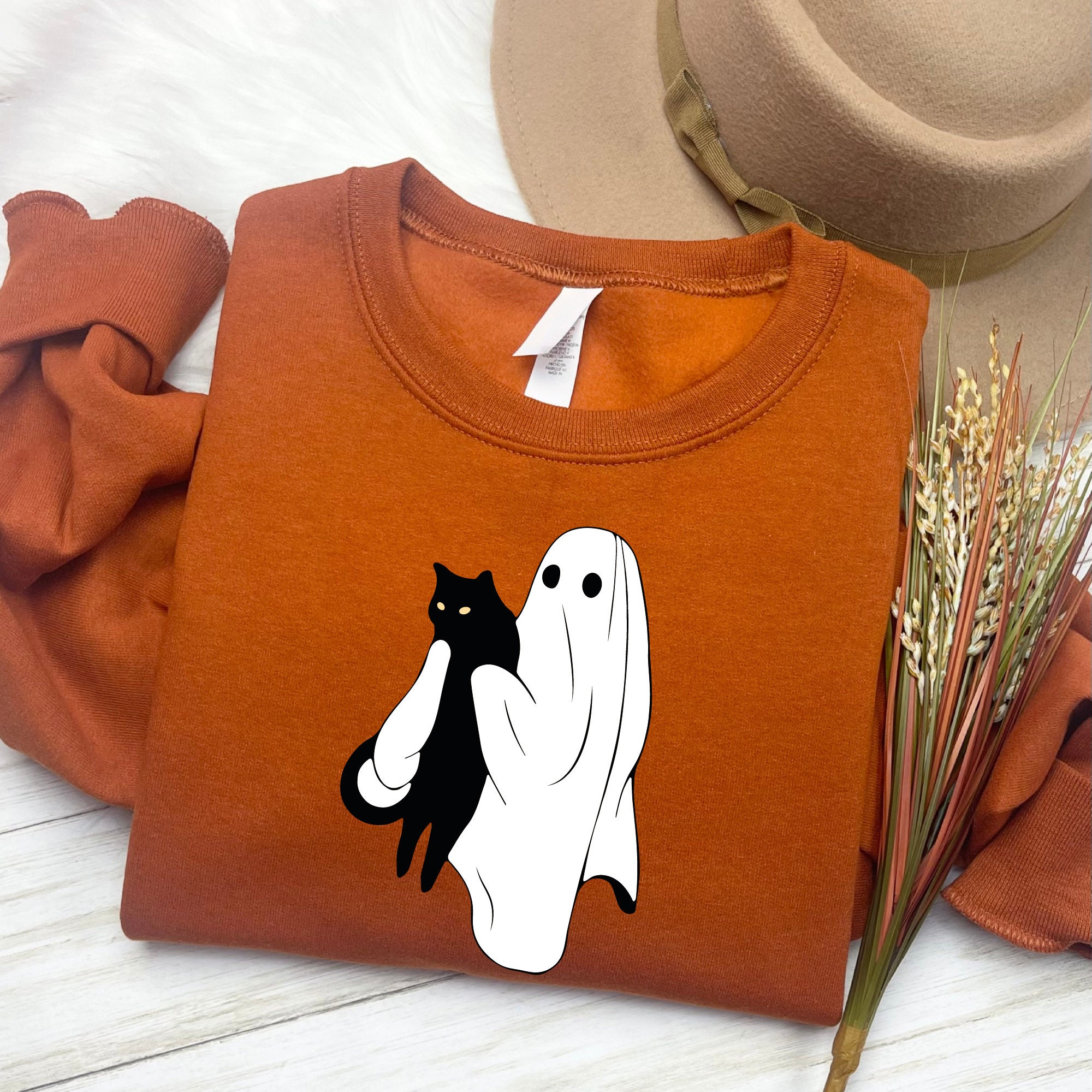 Cute Ghost and Black Cat Sweatshirt Women's Halloween Gift image 7