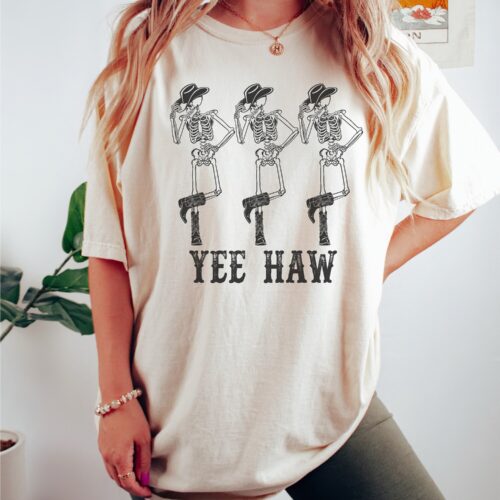 Dancing Skeleton Cowboy Tee | YeeHaw Howdy Shirt | Country Western Boho Cowgirl T-Shirt image 0