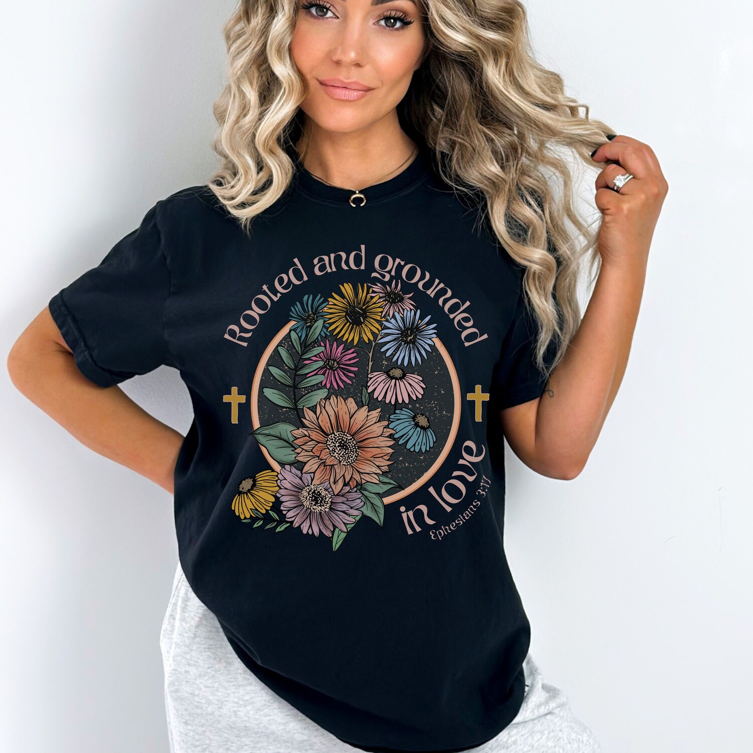 Vintage Christian Shirt - Bible Verse Rooted in Love Floral Boho T-Shirt image 2